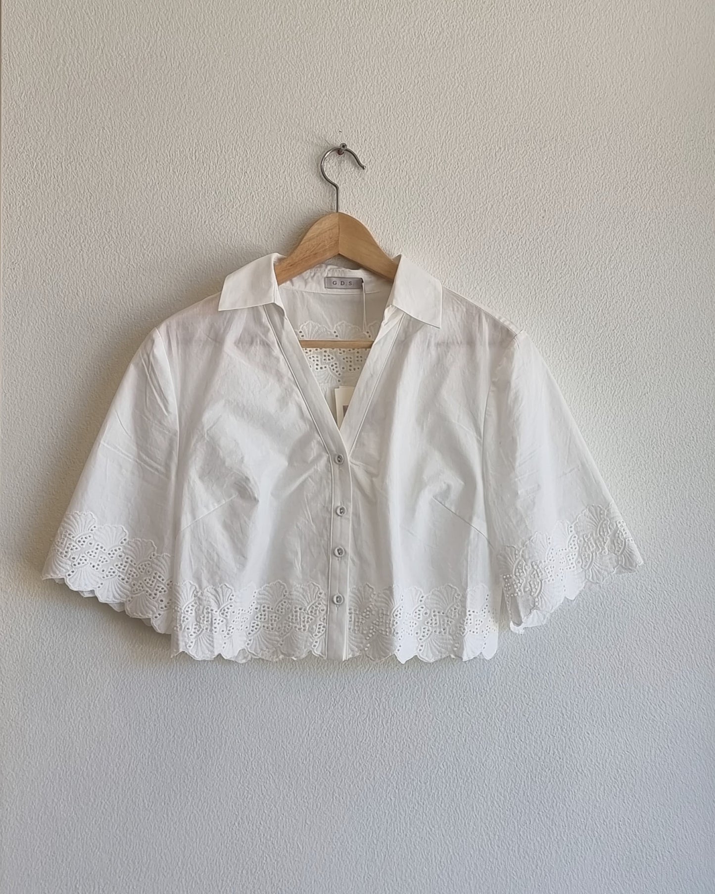 White cotton eyelet lace blouse with scalloped hem and short sleeves, button front, Nova Lux