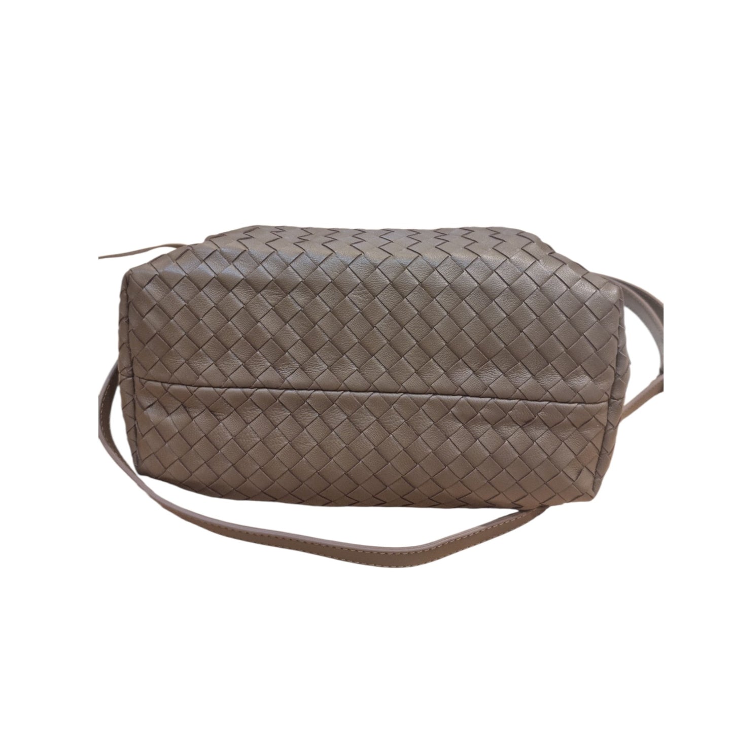Bottom detail of brown woven leather mini tote bag