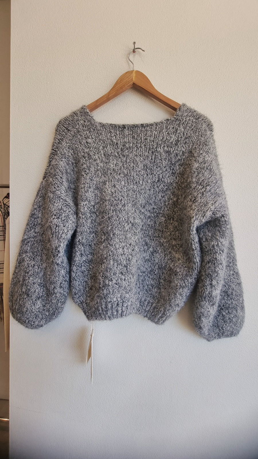 Grey soft wool blend knit sweater back view