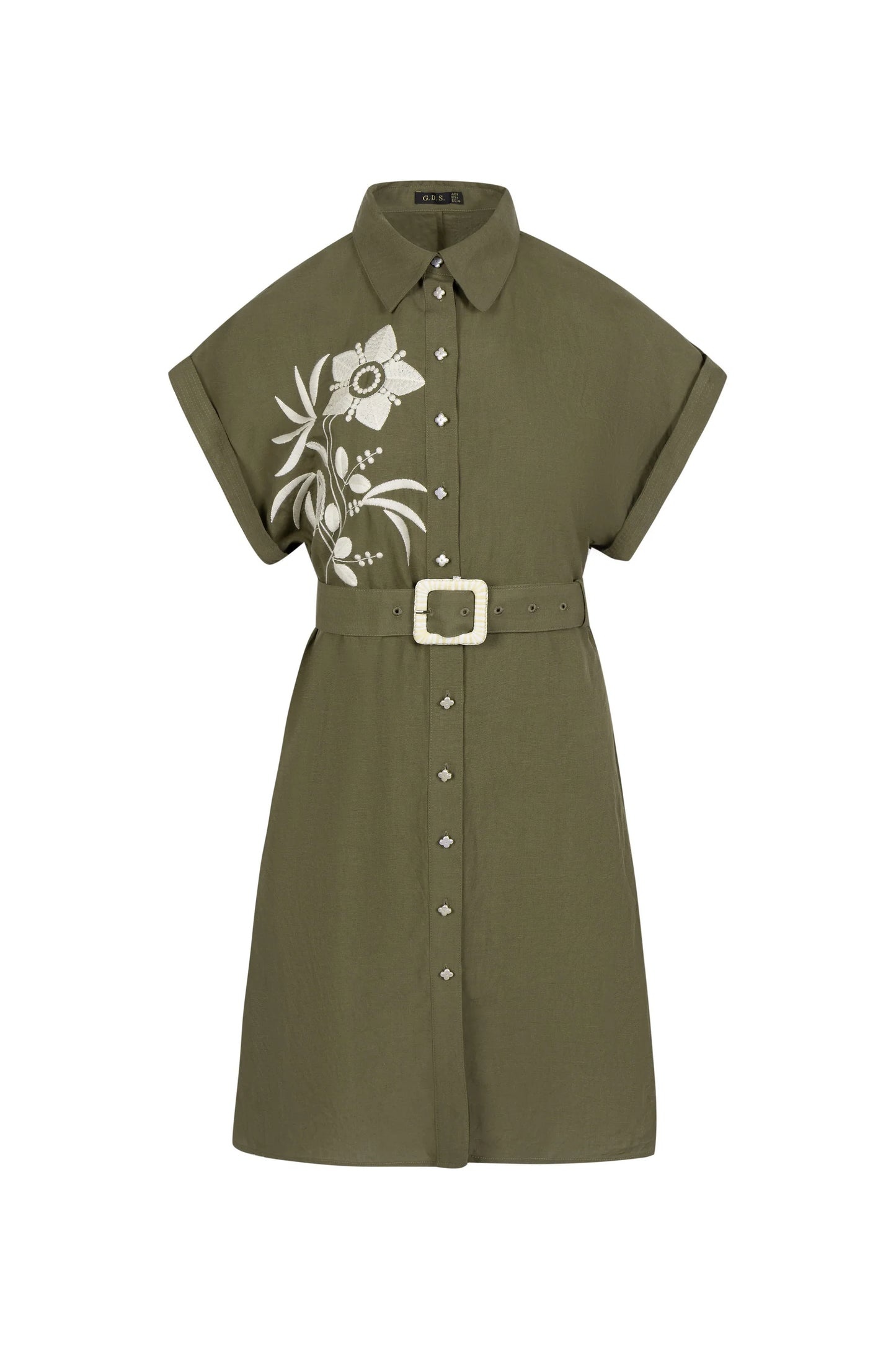 "Khaki short-sleeve A-line shirt dress with white floral embroidery and a matching belt, front view on white background."