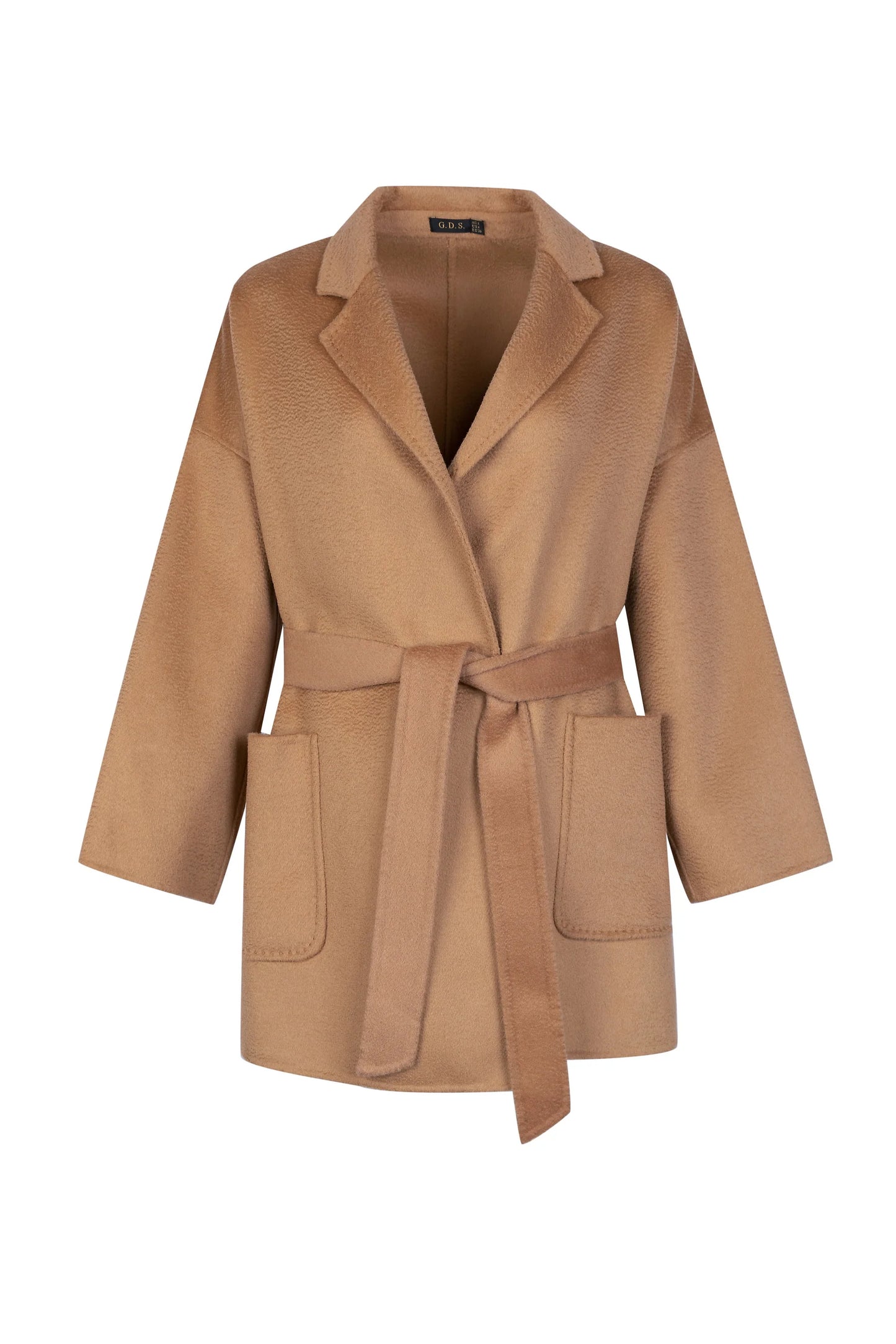 “Camel belted wool-blend coat with patch pockets on a white background.”