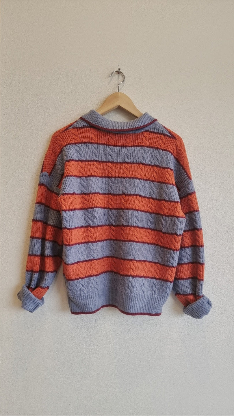 striped knit polo sweater back view on hanger