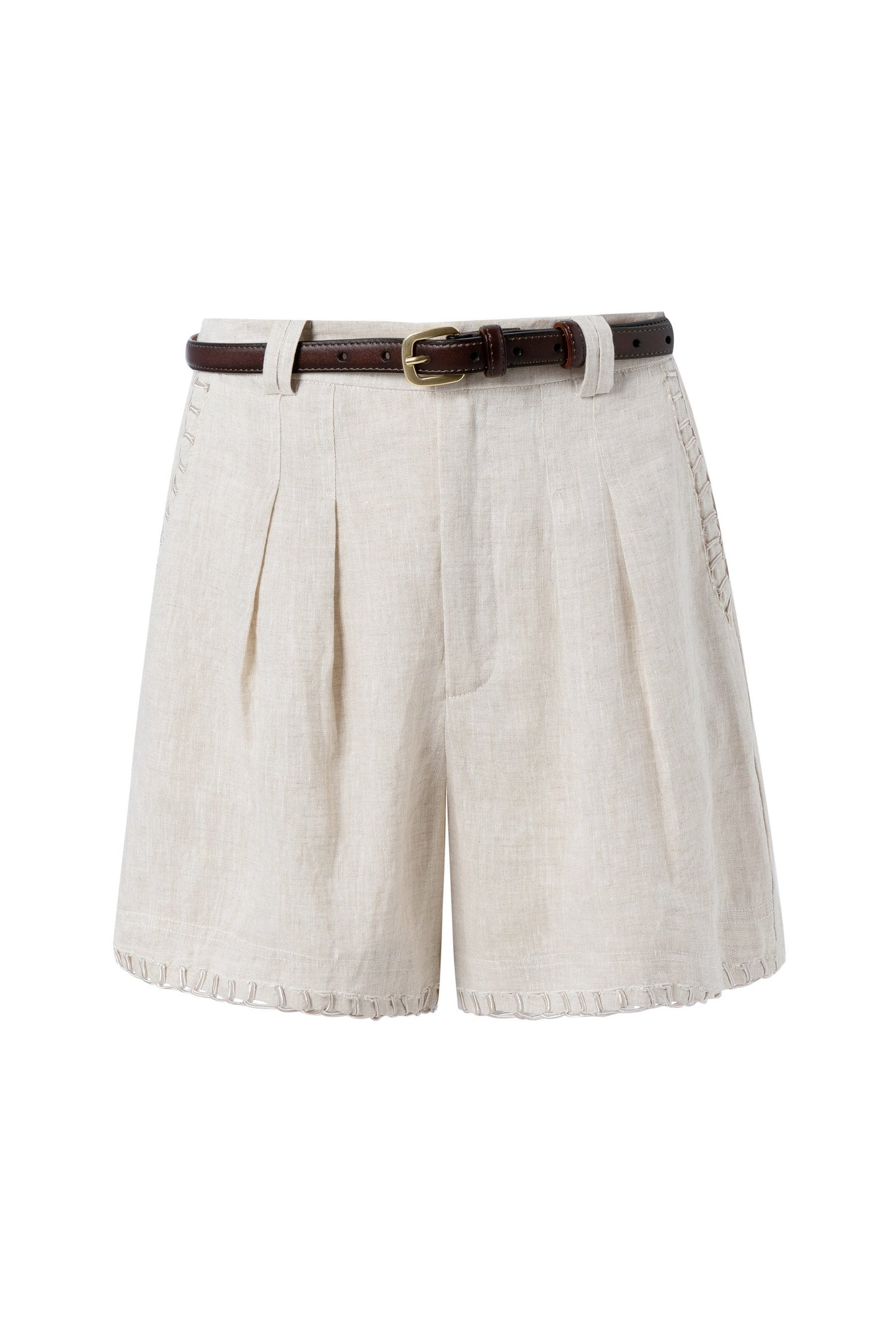 "Cream pleated shorts with a brown belt on a white background"