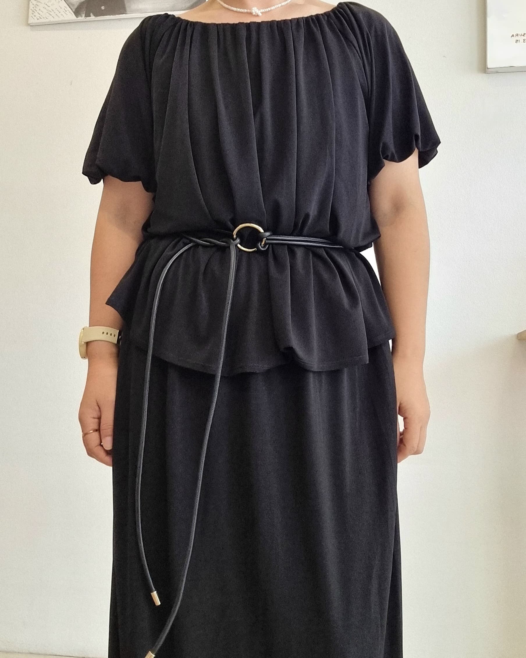 Model wearing the Seren Black Draped Two-Piece Set full outfit view
