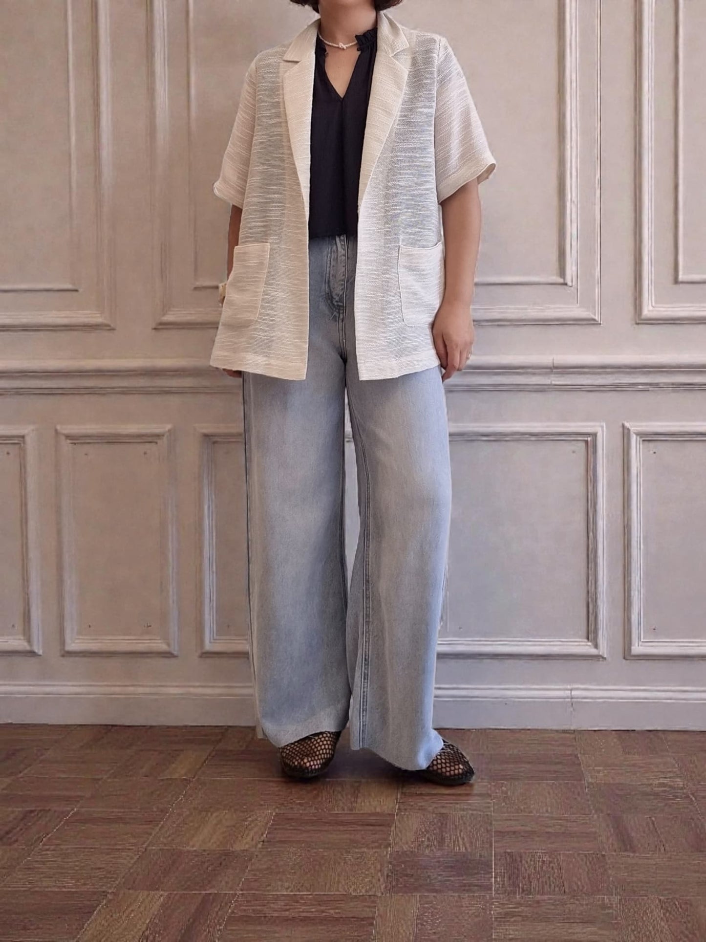 Isadora Jacket side silhouette – natural texture fabric