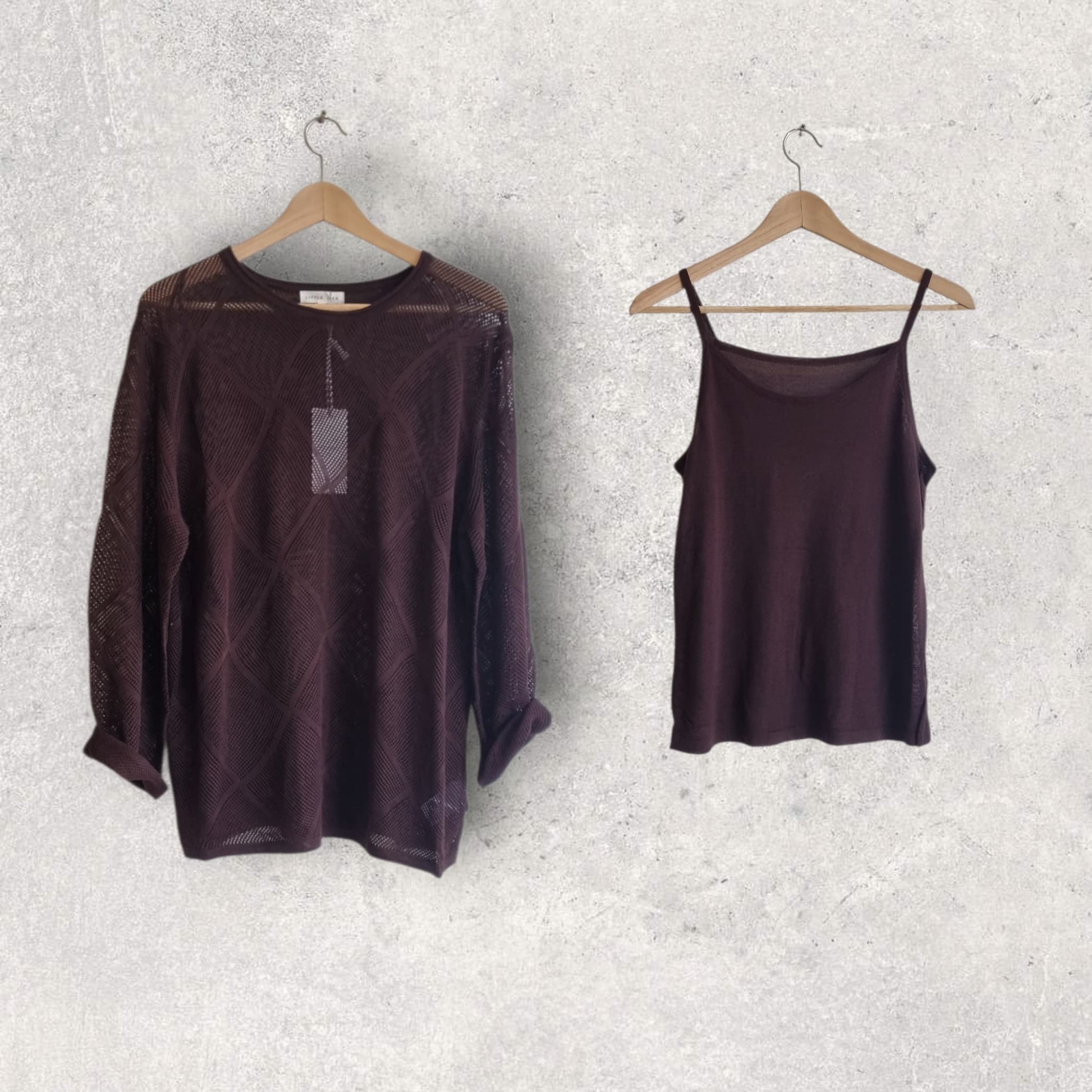 Brown sheer knit long-sleeve top and matching sleeveless camisole hanging on wooden hangers against a neutral wall