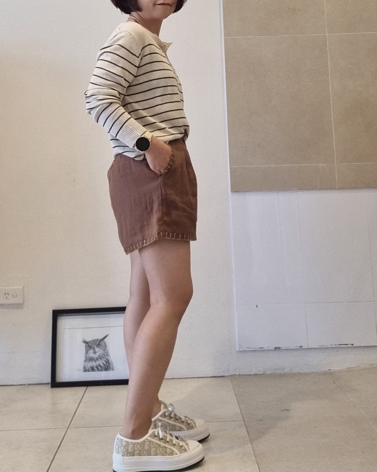 Women’s striped cotton linen top, relaxed fit, side styling with brown shorts