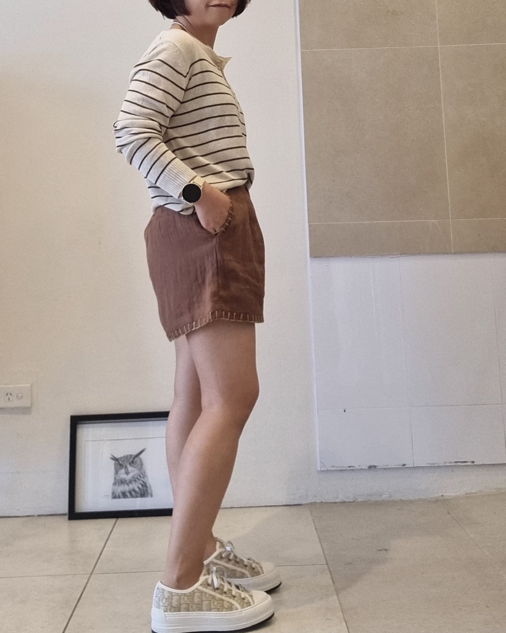 Women’s striped cotton linen top, relaxed fit, side styling with brown shorts
