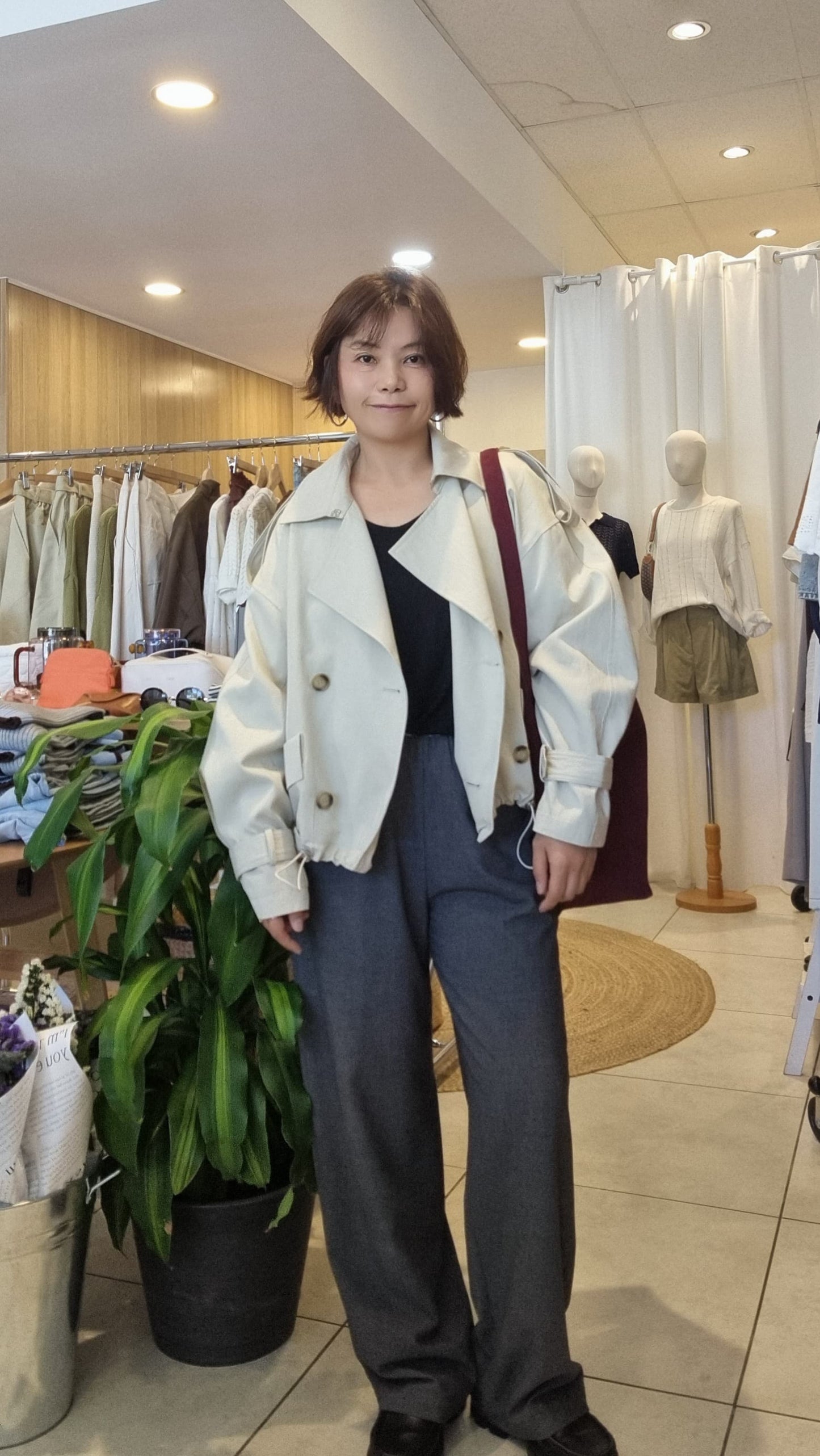 Cream Breeze Short Trench styled for everyday wear, front angle
