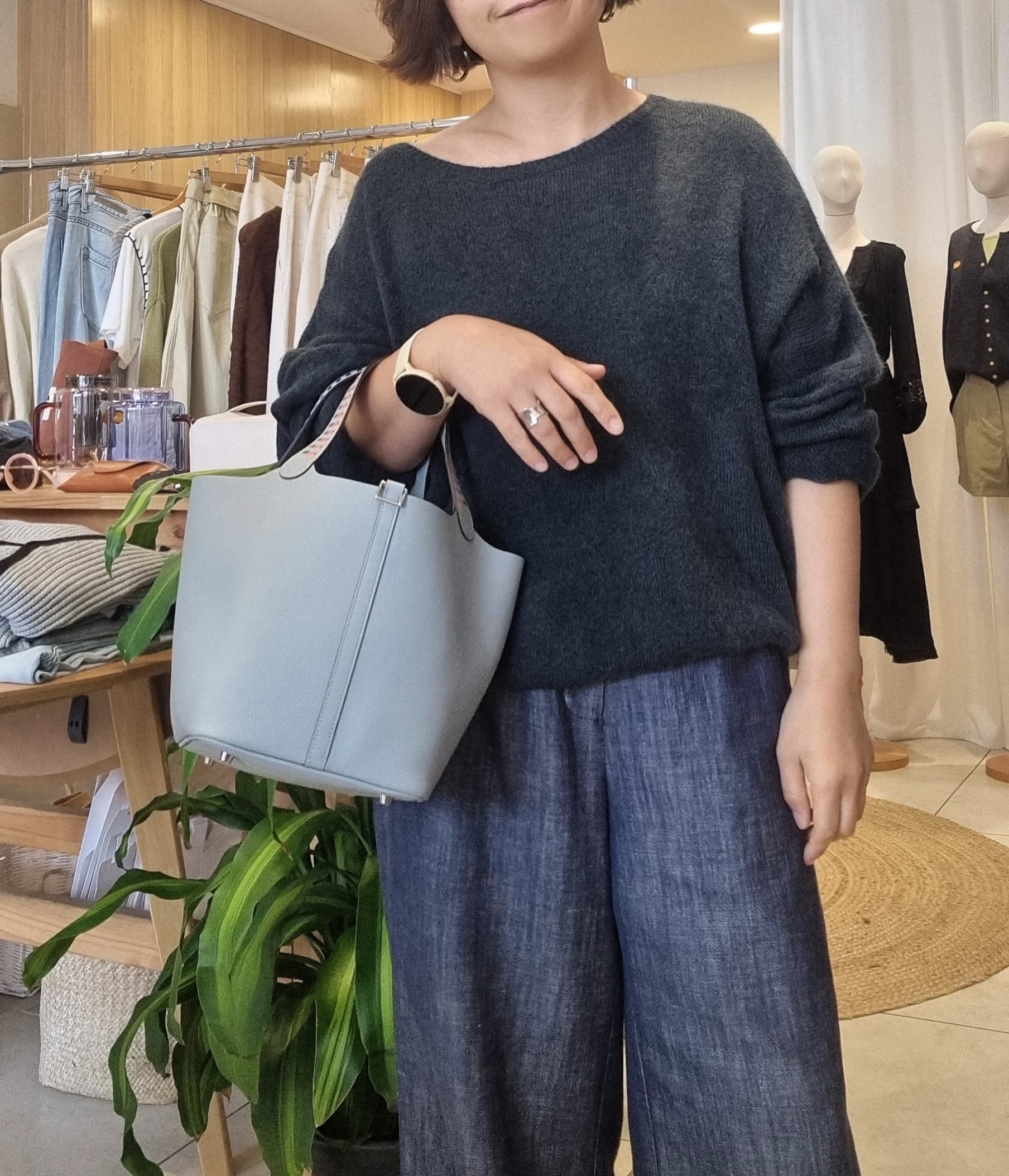 Model wearing Khaki Black loose fit wool blend knit sweater front view