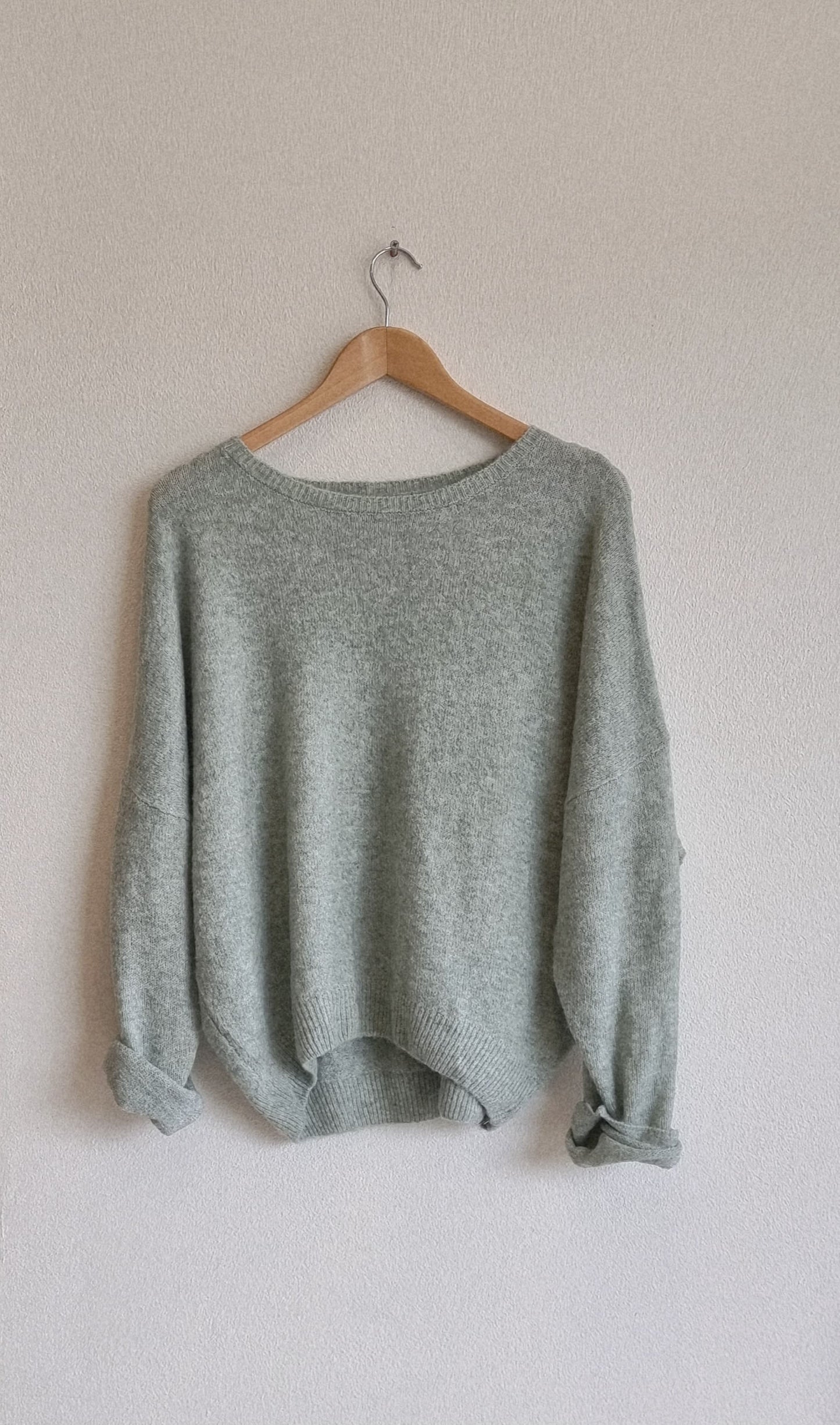 Light Khaki wool blend loose fit knit sweater on hanger