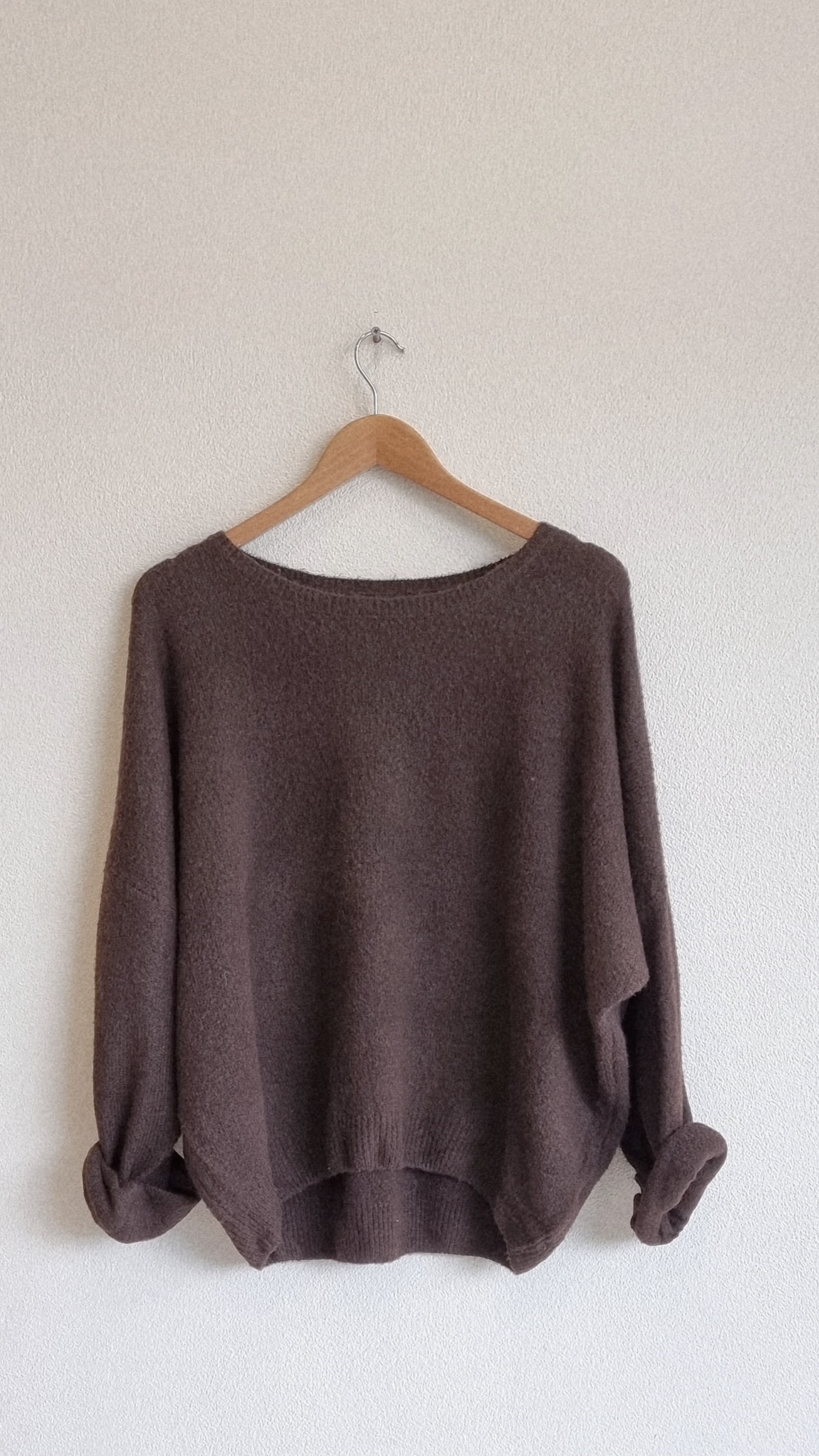 Brown wool blend loose fit knit sweater on hanger
