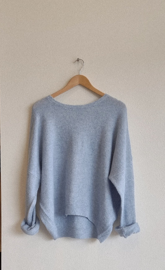 Blue wool blend loose fit knit sweater on hanger