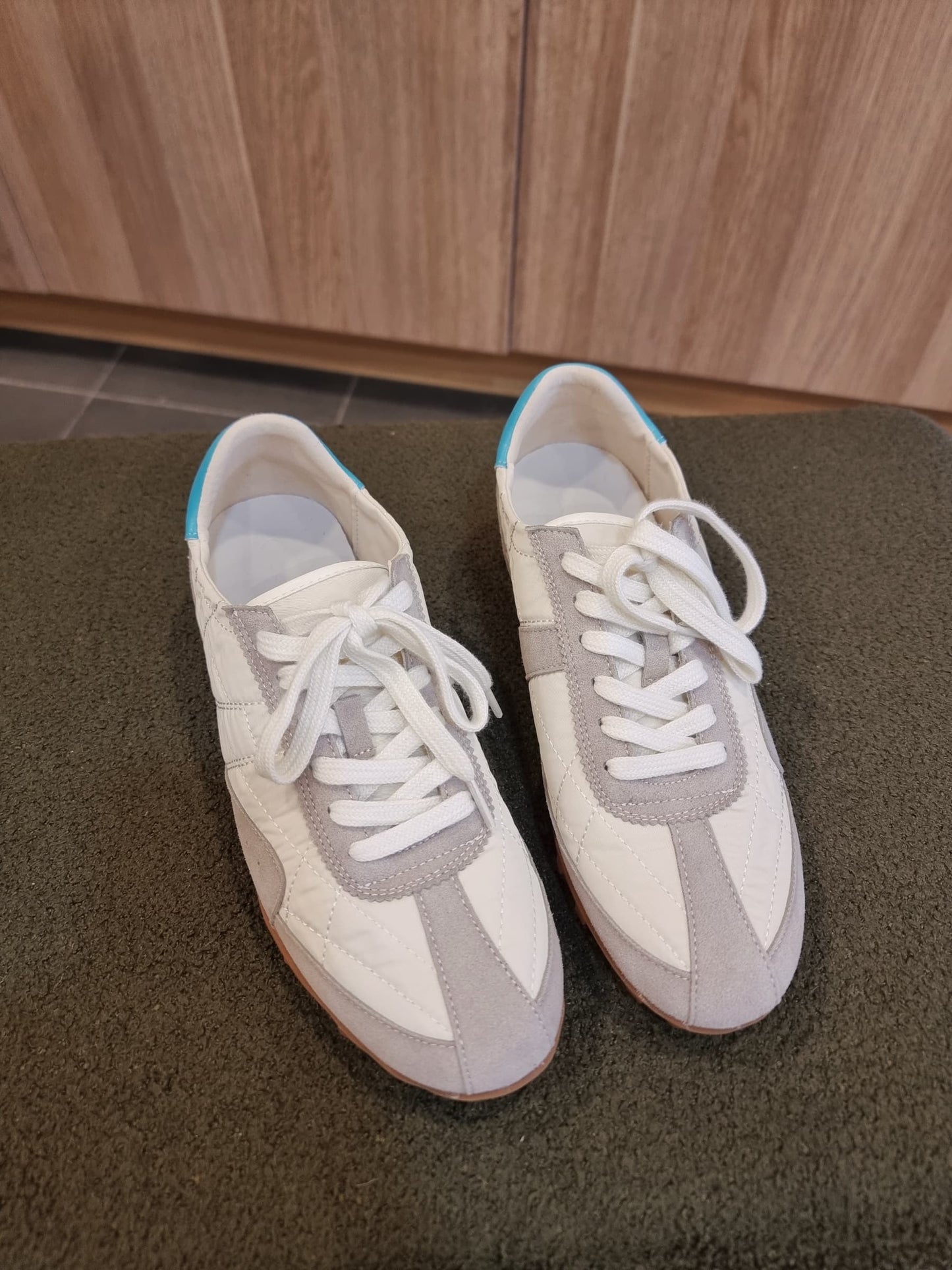 White and grey leather fabric sneakers