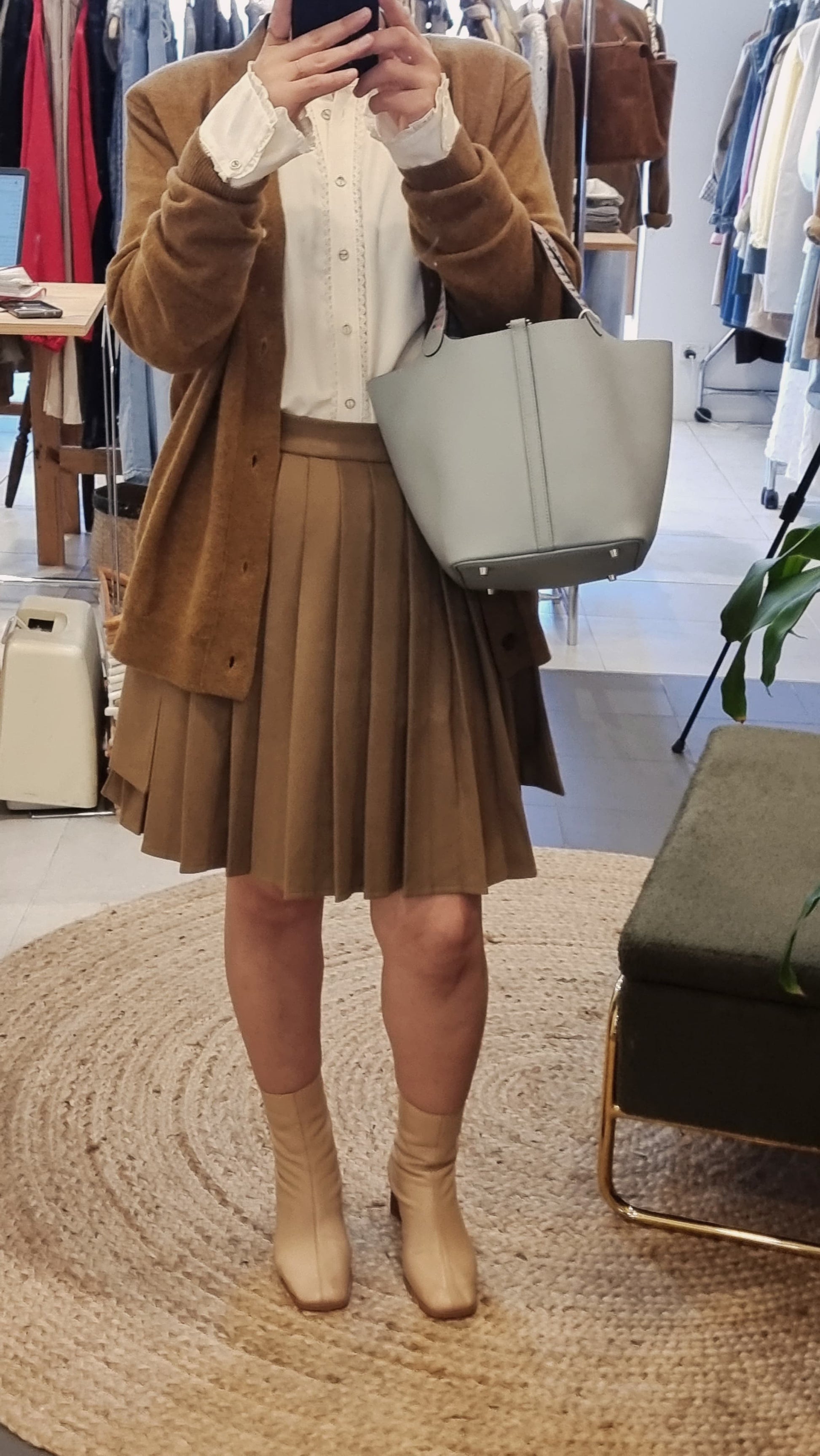 Camel heart patch V-neck cardigan styled with skirt outfit