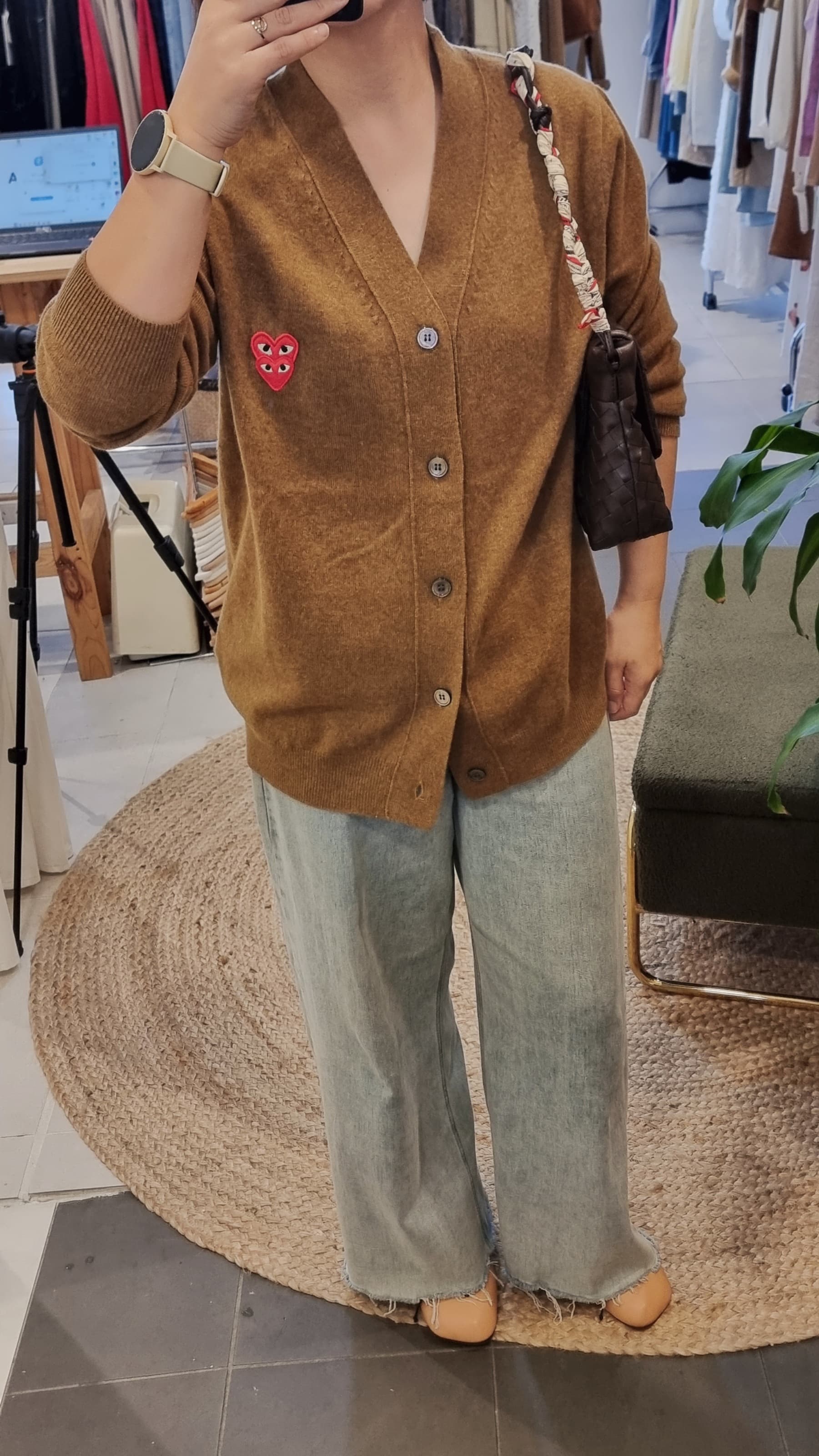 Camel Play Heart V-Neck Cardigan with wide jeans casual outfit