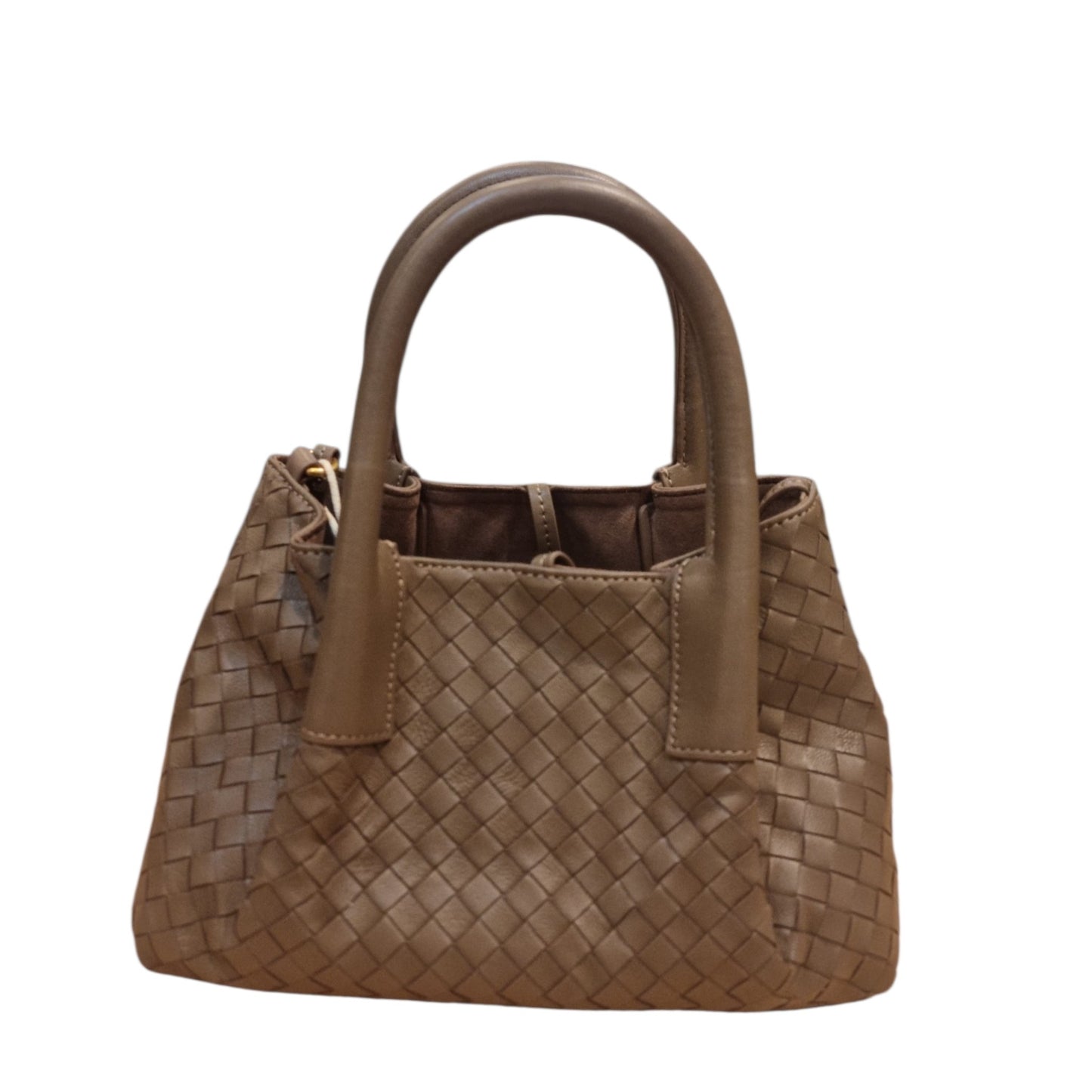 Brown woven leather mini tote bag front view