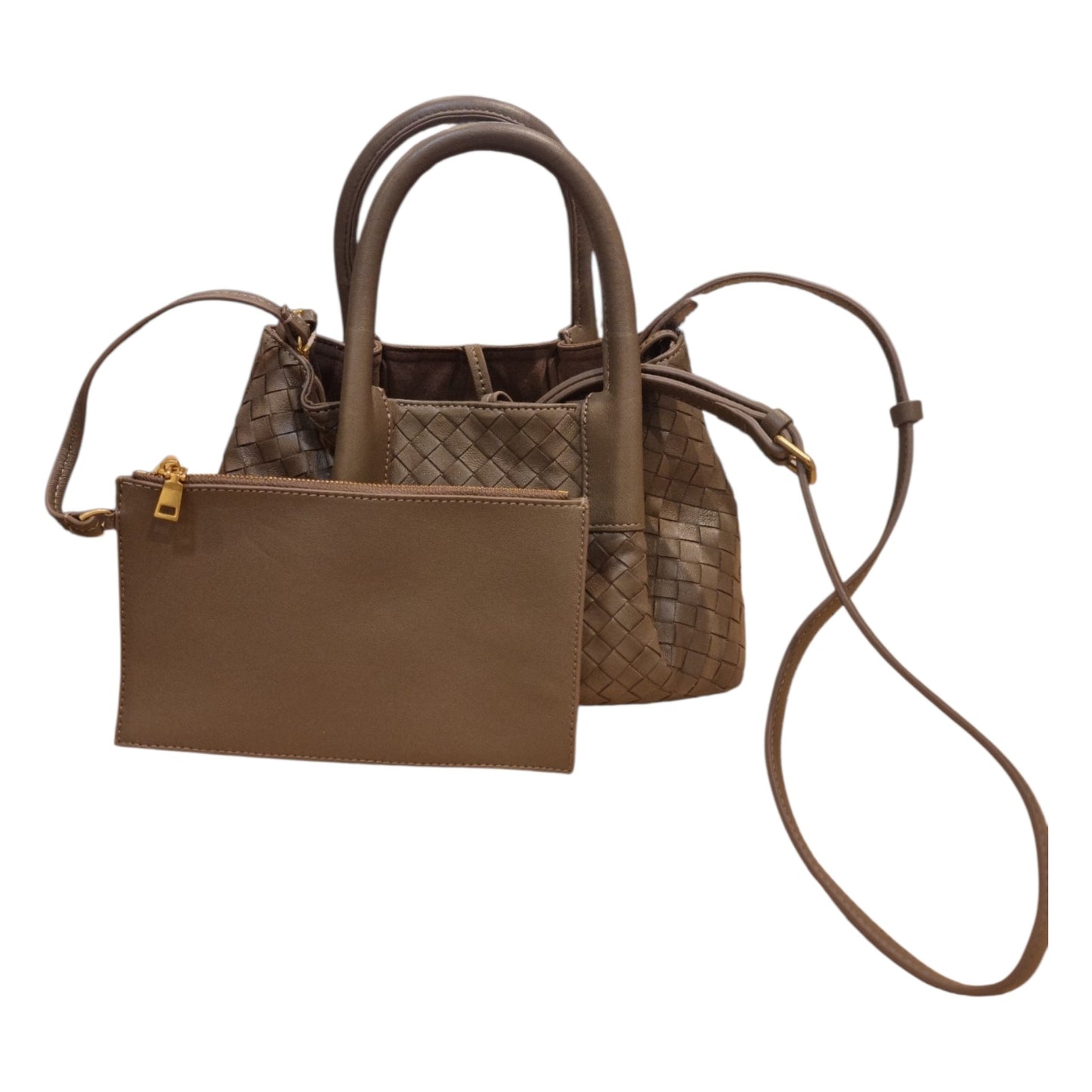 Brown woven leather tote bag with long shoulder strap