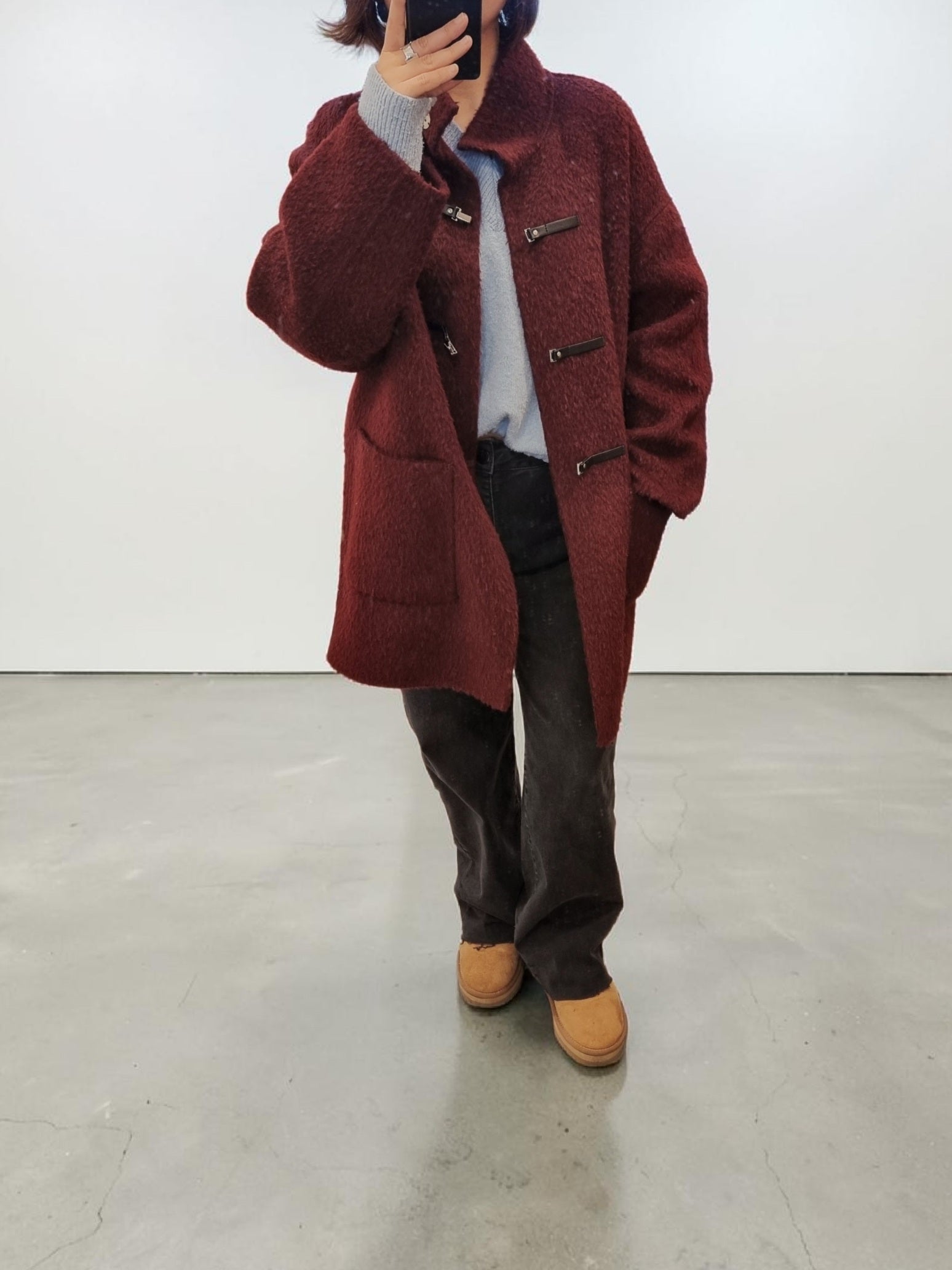 Women's burgundy wool cashmere blend oversized coat front view