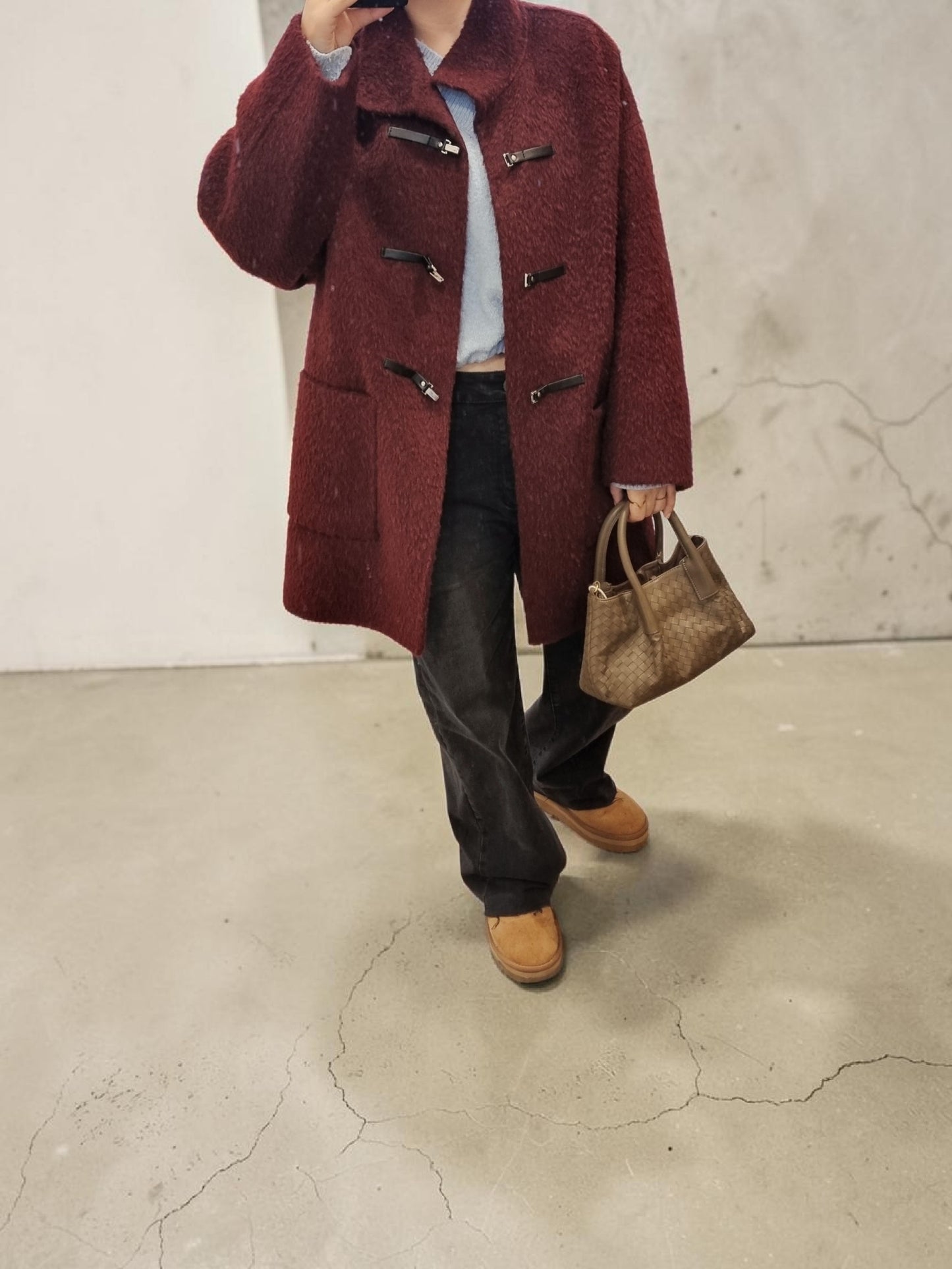 Elegant burgundy winter coat for women outfit styling