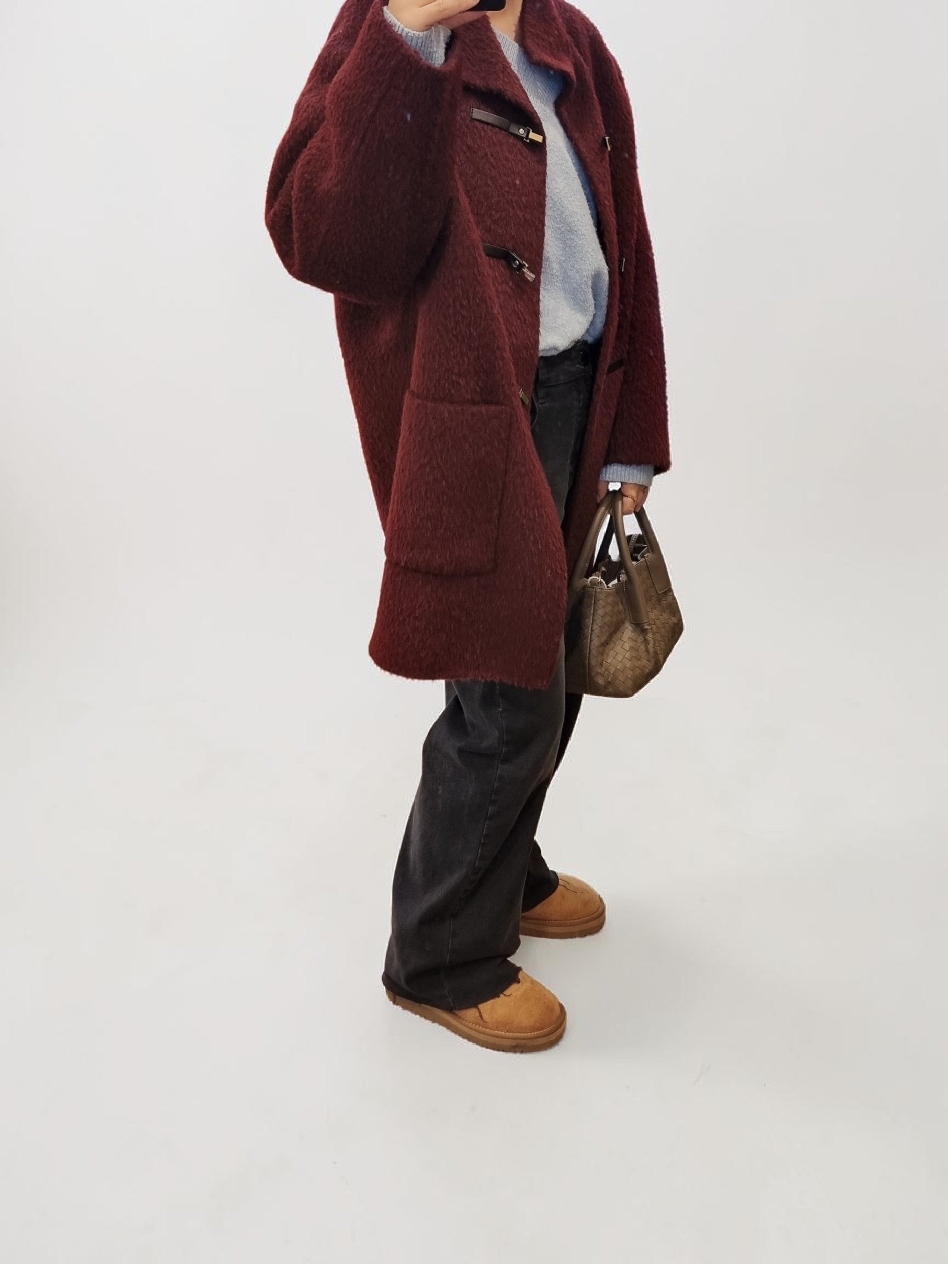 Women's oversized wool blend coat side view