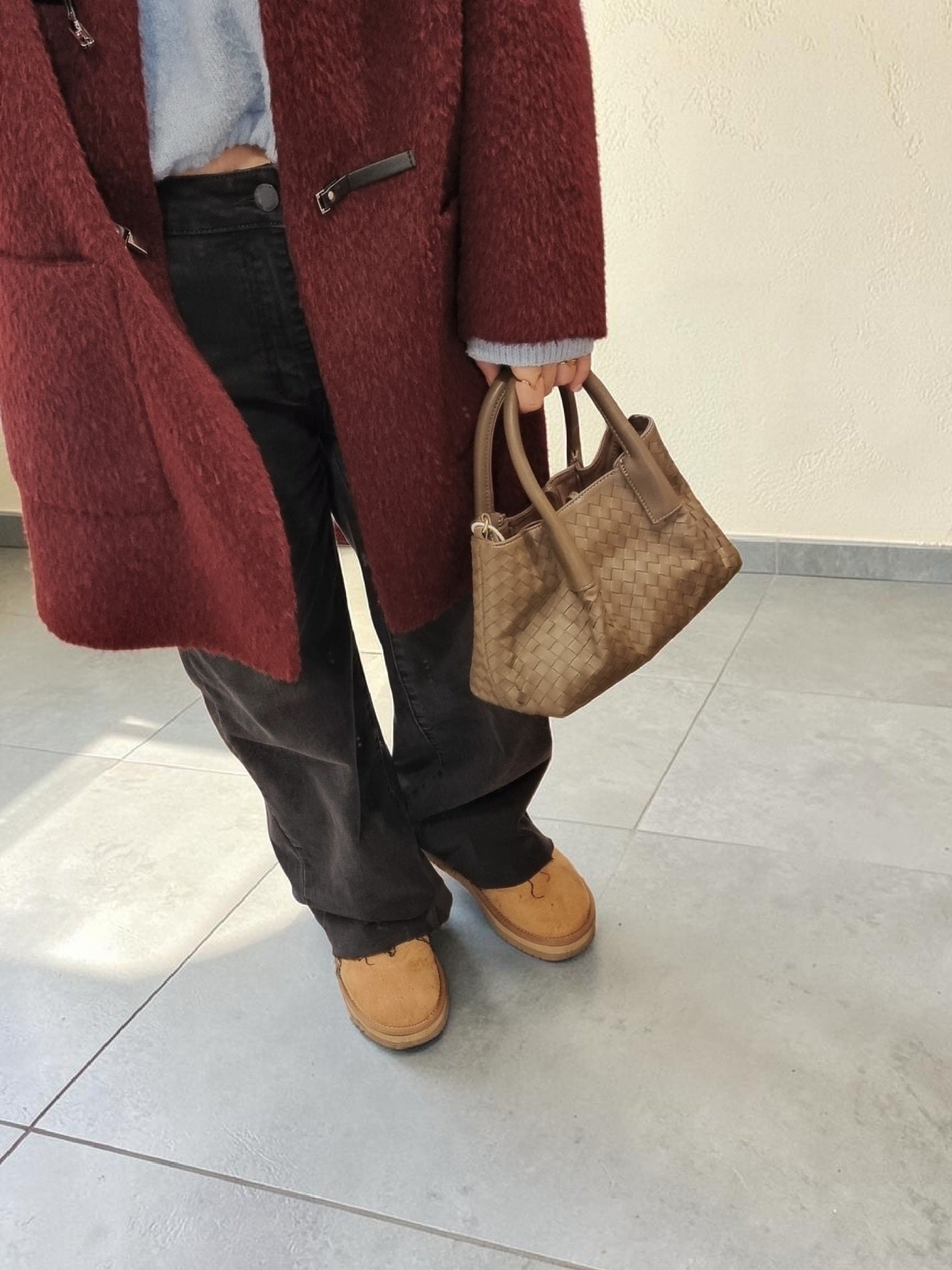 Burgundy cashmere blend winter coat relaxed silhouette