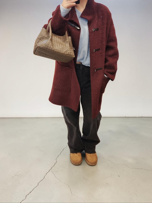 Women's burgundy oversized coat full length look