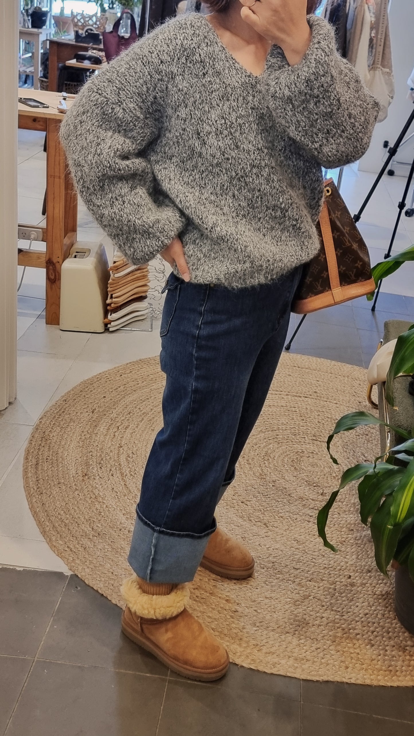 Grey wool blend knit sweater with balloon sleeves and relaxed fit
