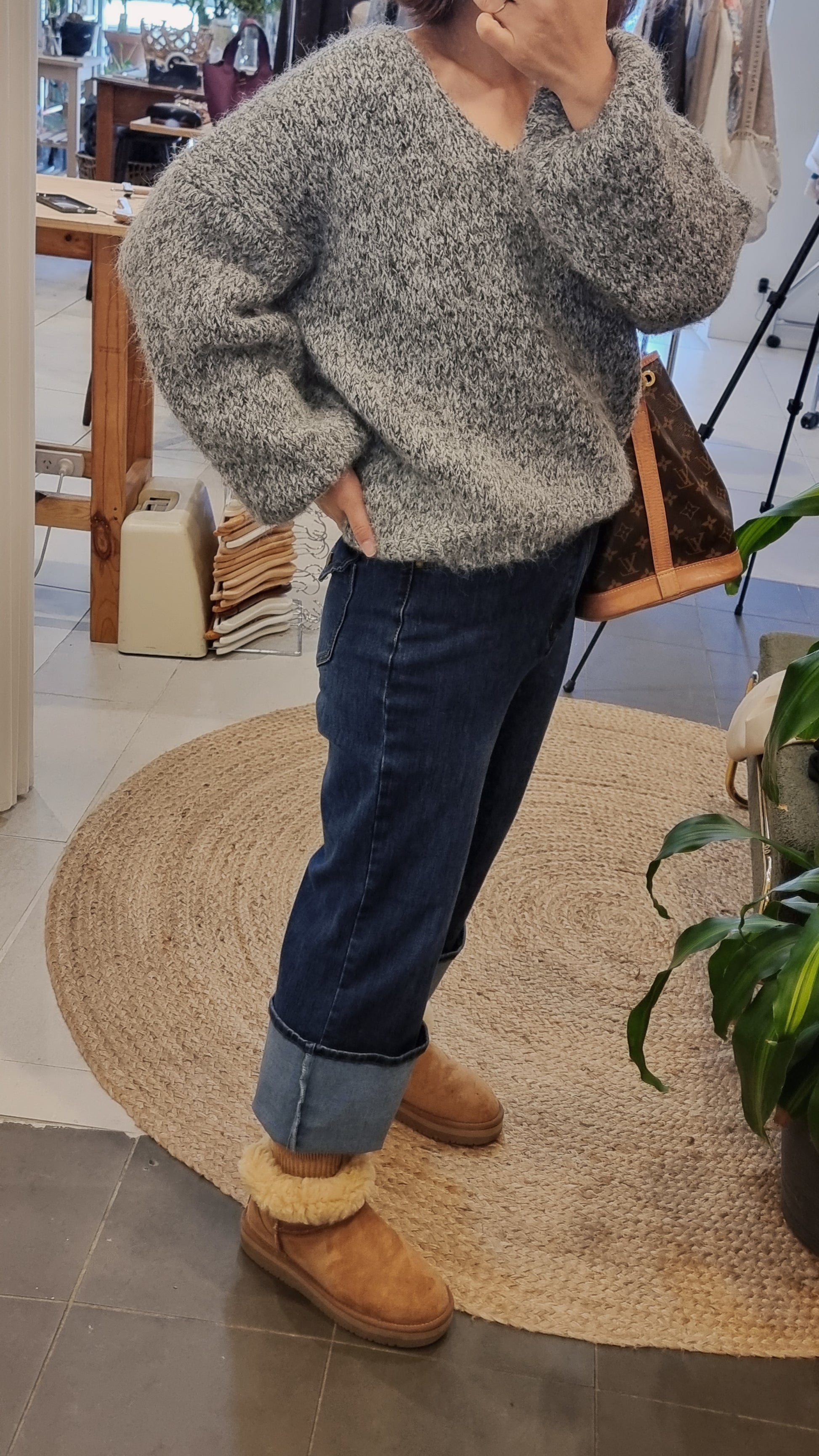 Grey wool blend knit sweater with balloon sleeves and relaxed fit