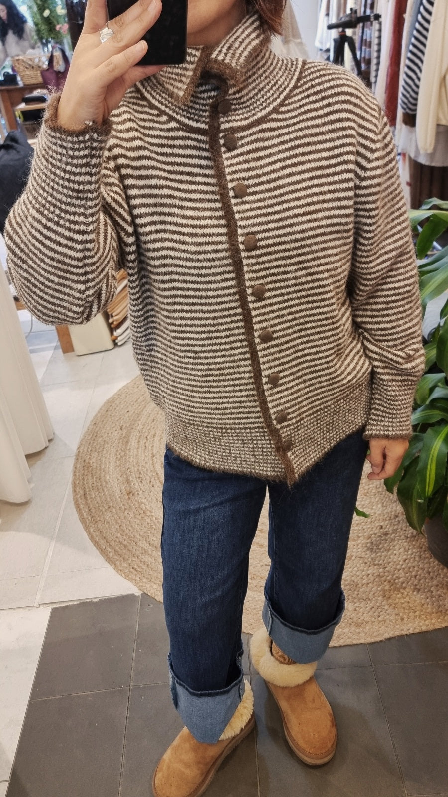 Brown wool cardigan with relaxed fit and stripe pattern