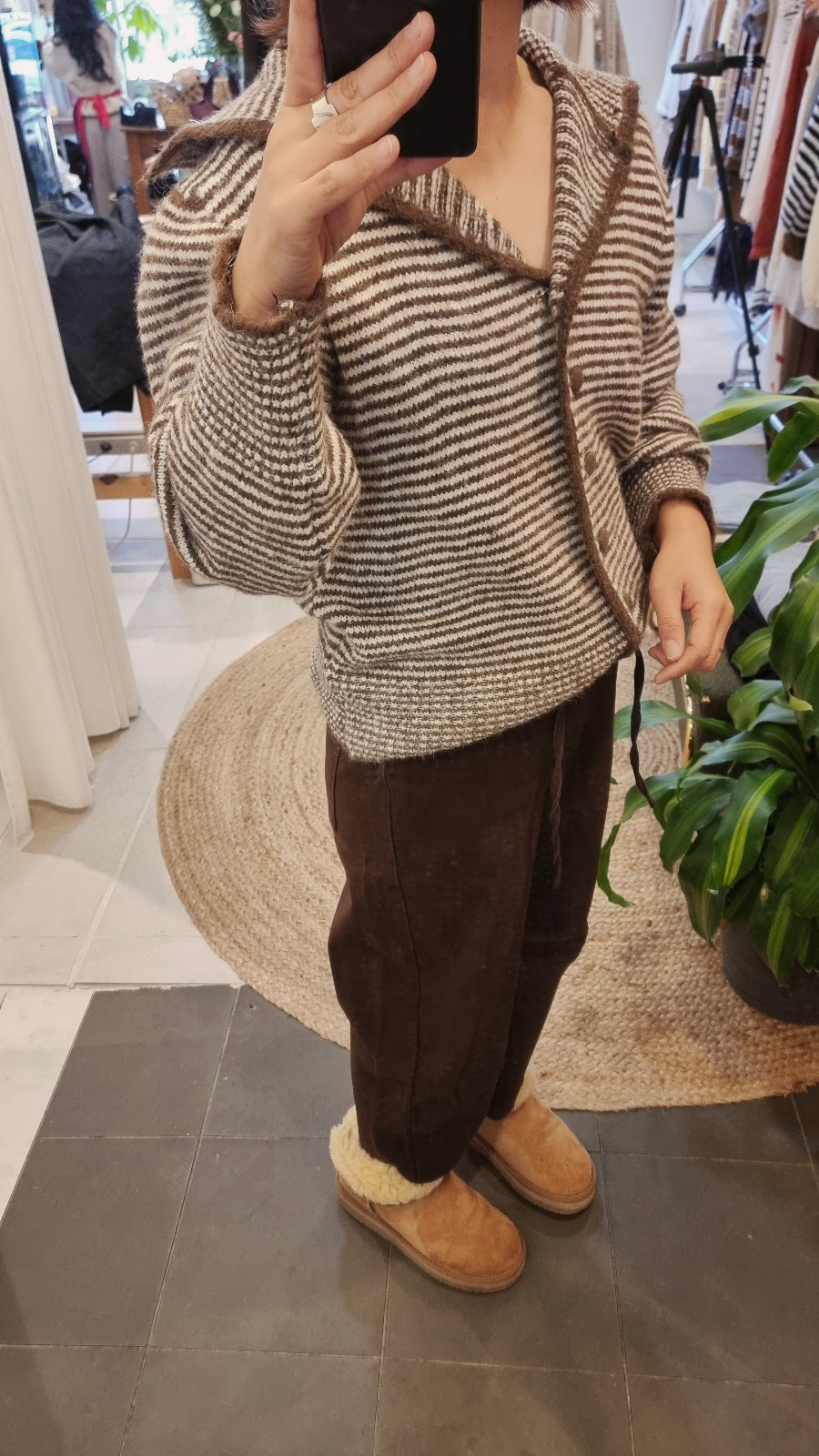 Women's brown wool stripe cardigan styled with casual pants
