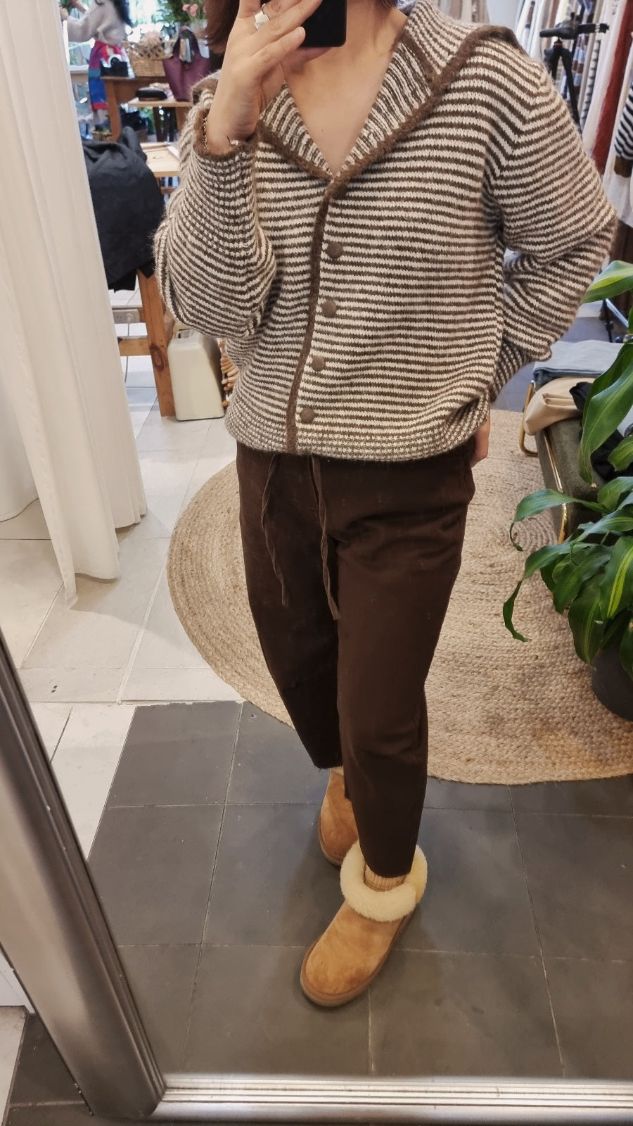 Brown wool stripe cardigan with button-front design and relaxed fit