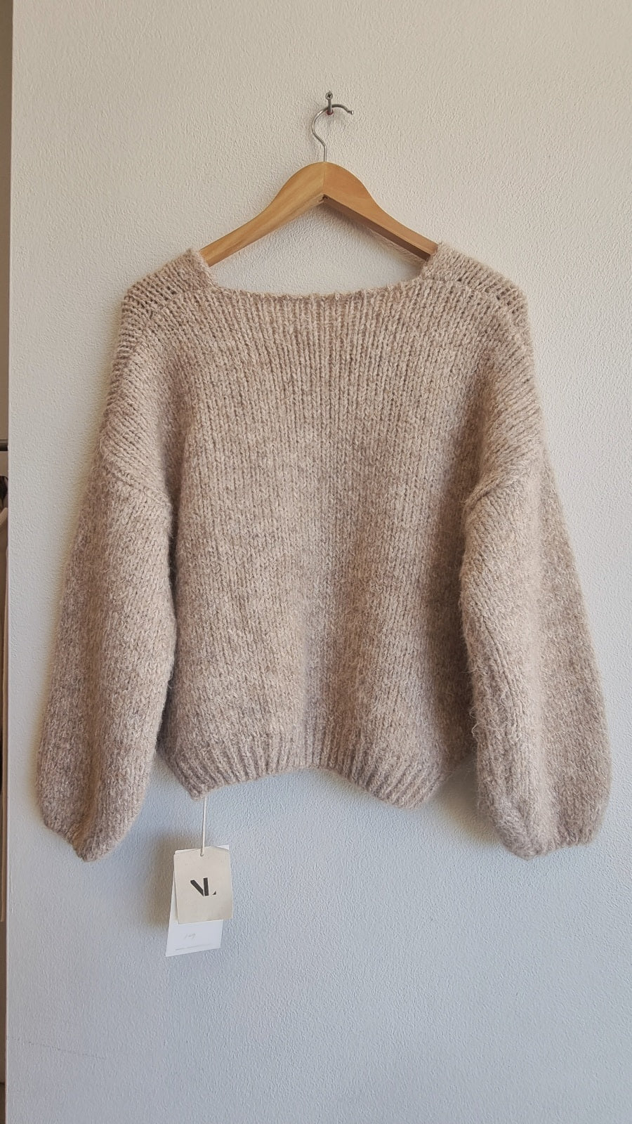 Beige soft wool blend knit sweater back  view