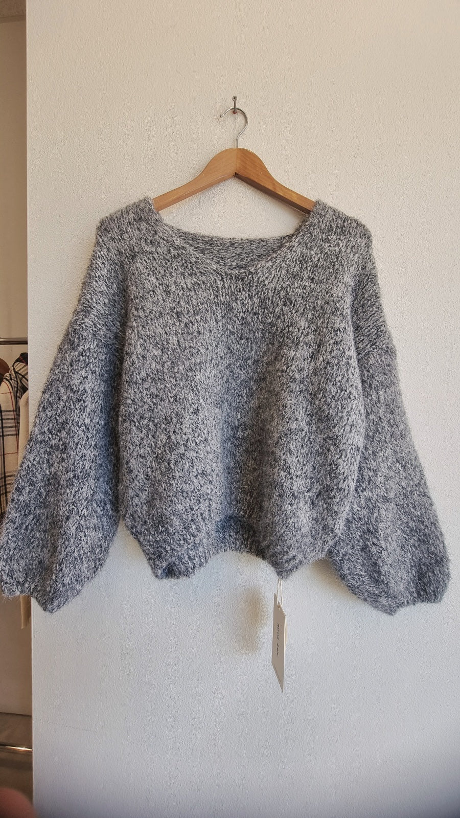 Grey soft wool blend knit sweater front view