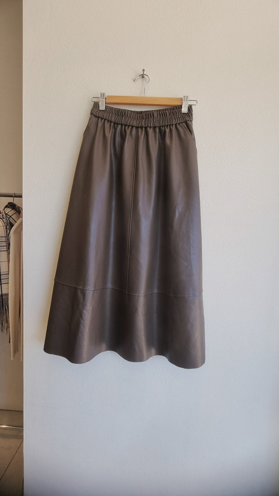 Brown A-line faux leather skirt with soft drape
