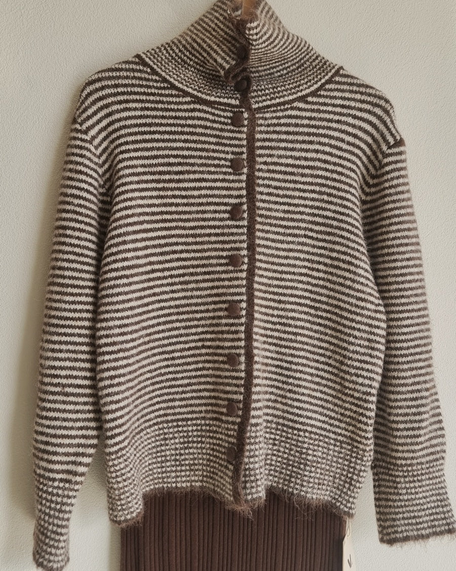 Brown wool stripe cardigan with button-front closure