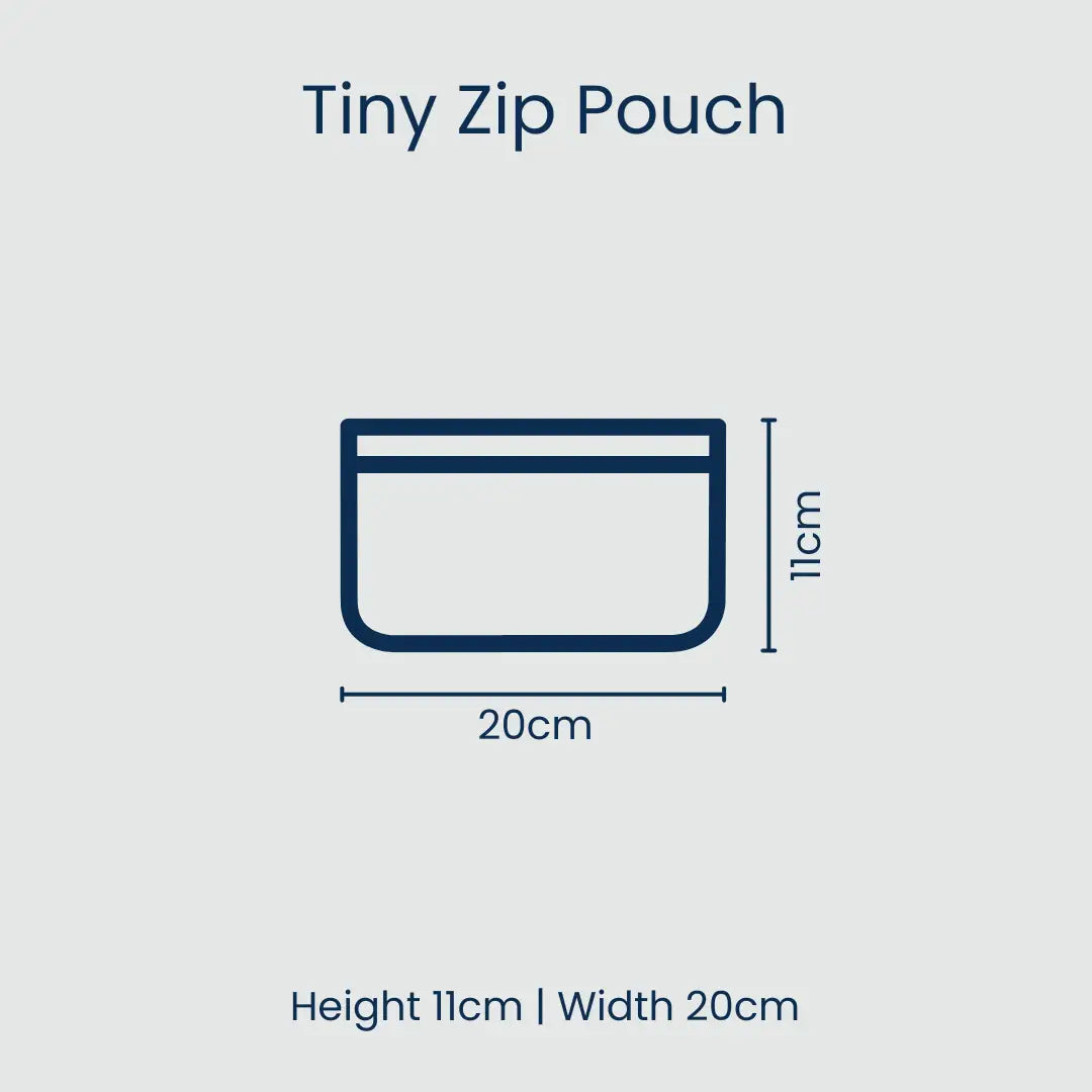 "Tiny Zip Pouch measurement chart showing 20cm width and 11cm height on a light background"