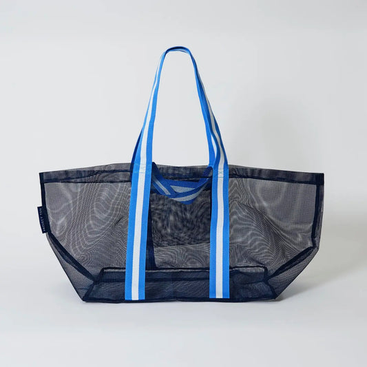 Navy oversized mesh tote bag with blue striped handles