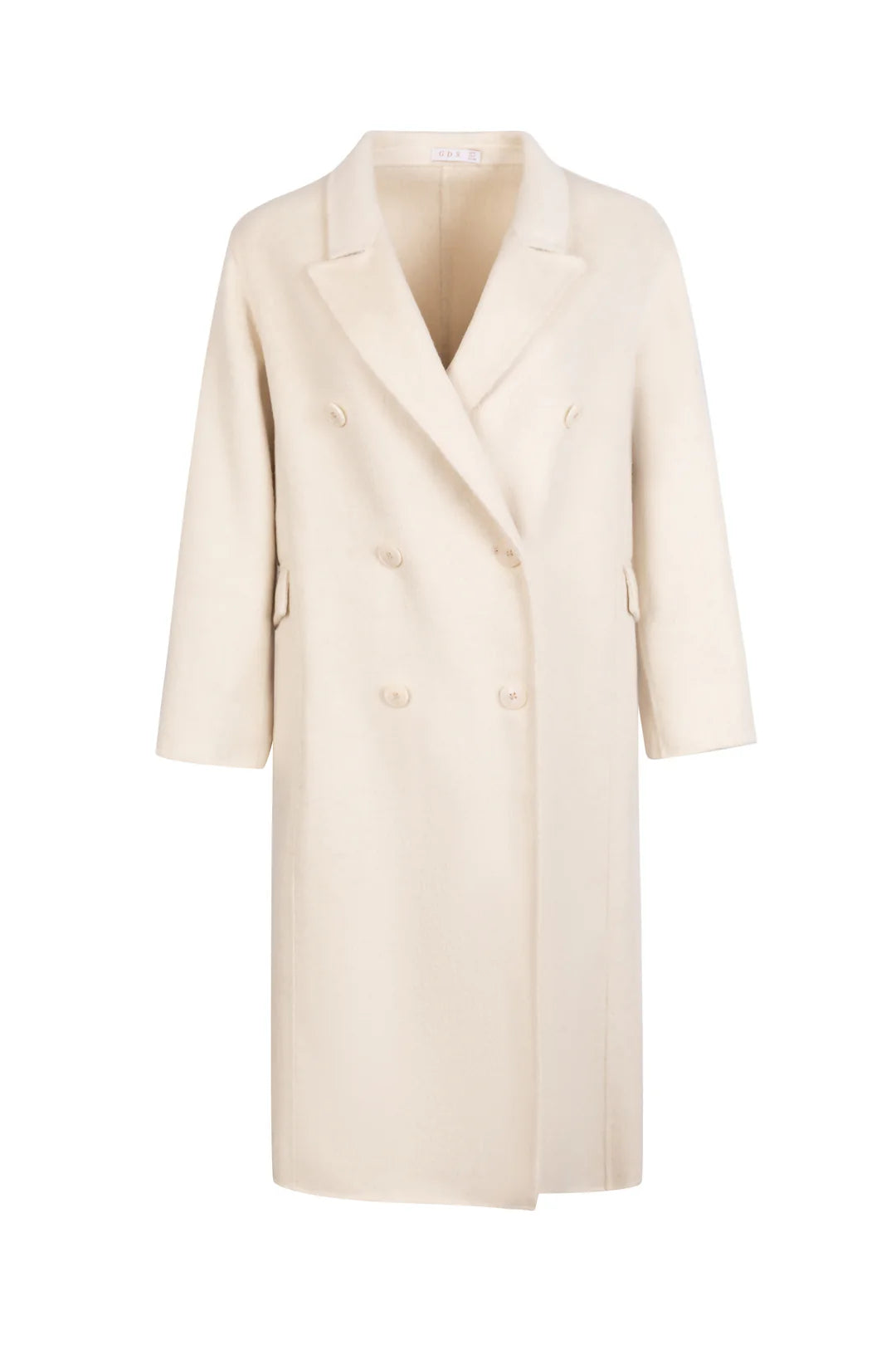 Front product image of the cream merino wool coat on plain background