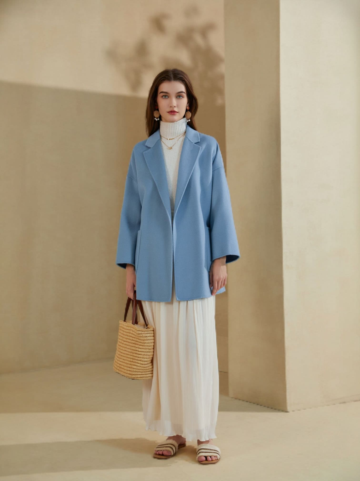 “Light blue oversized blazer styled with an ivory pleated skirt and woven handbag, photographed in a neutral minimal setting.”