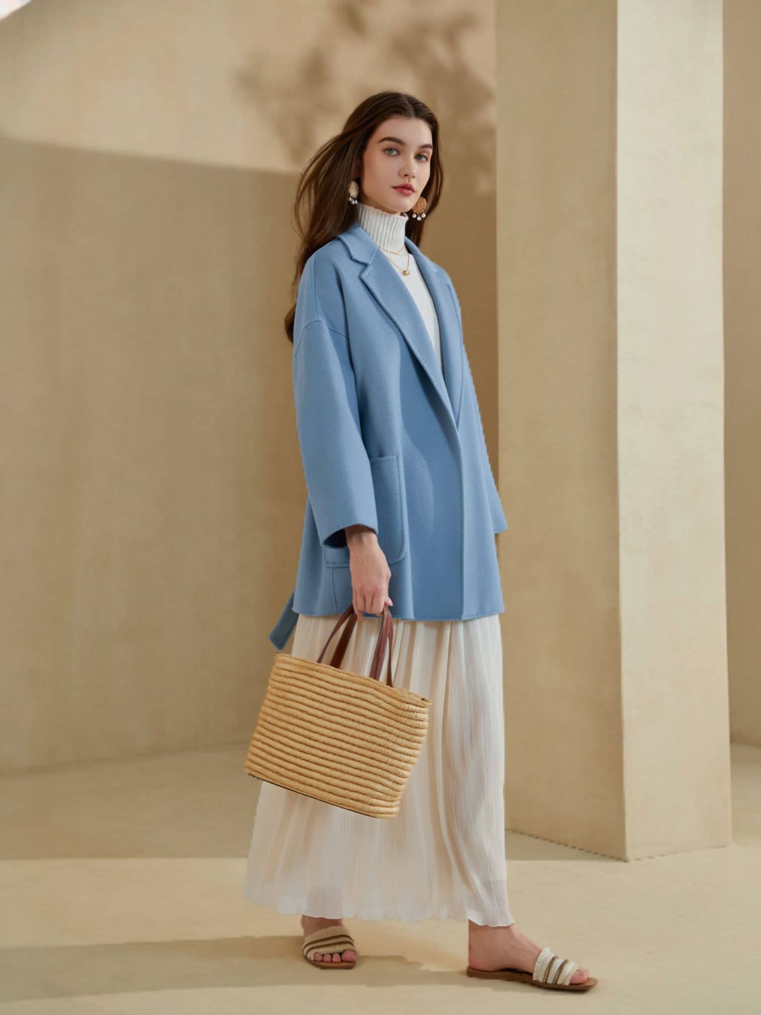 “Light blue oversized blazer styled with a white turtleneck top and flowy ivory skirt, paired with a woven straw handbag and flat sandals.”