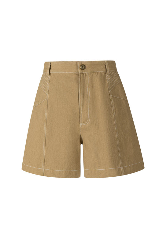 Evangeline high-waisted brown cotton shorts with contrast stitching