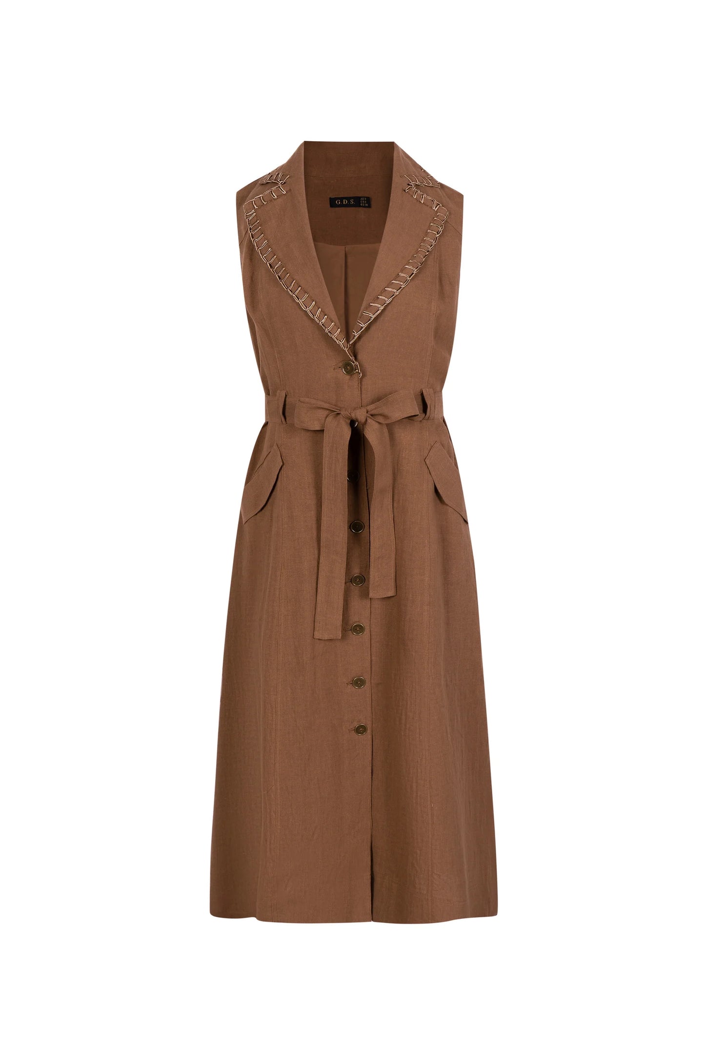 "Brown sleeveless linen midi dress with button-down front and waist tie, displayed on a white background."