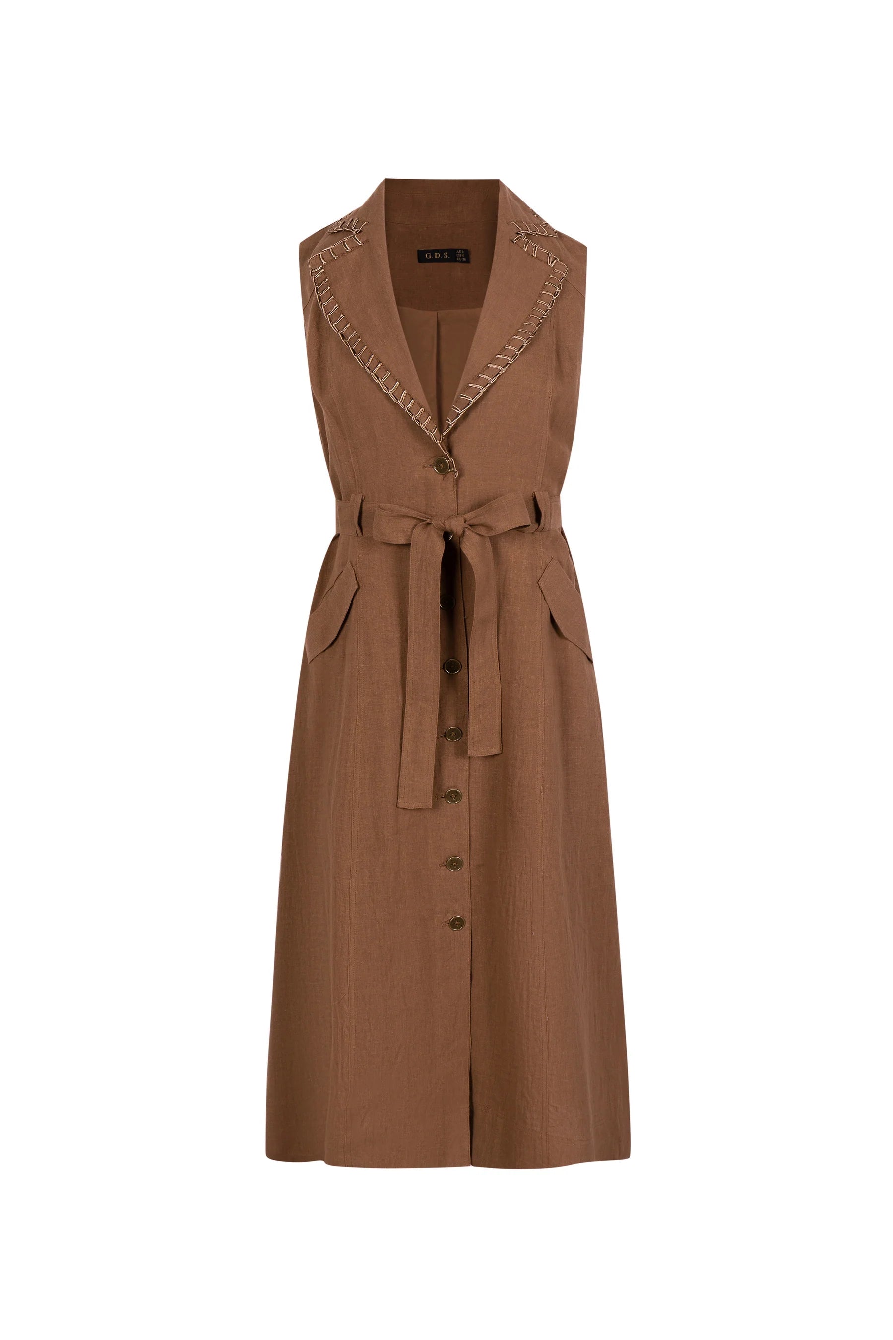 "Brown sleeveless linen midi dress with button-down front and waist tie, displayed on a white background."