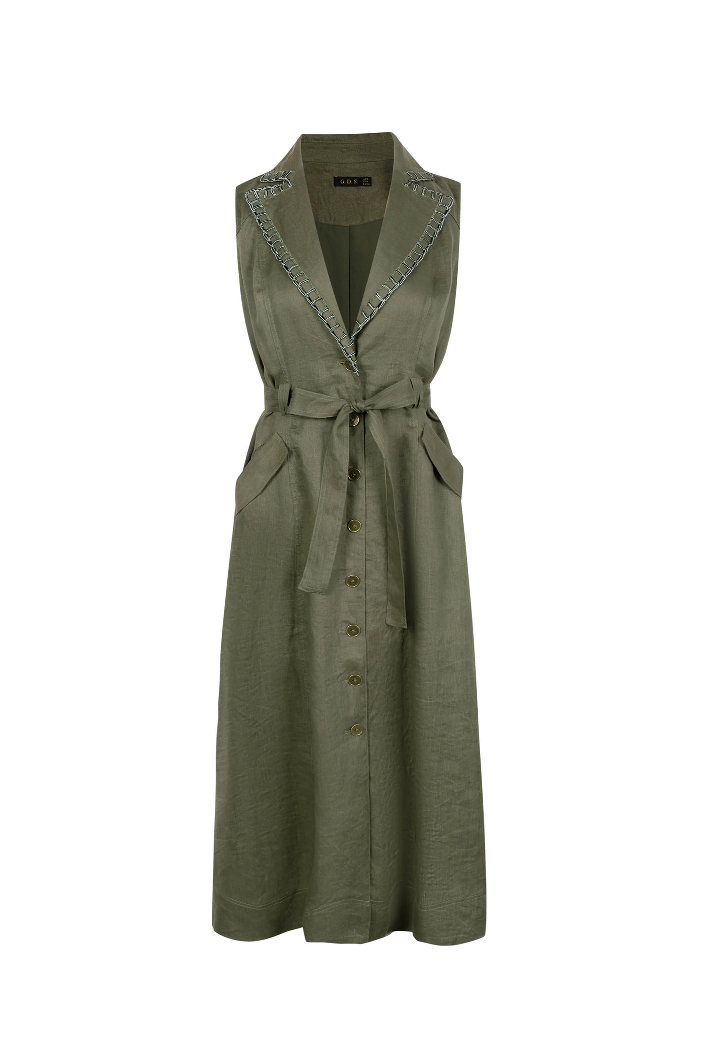 Sleeveless green linen maxi dress with button-down front and waist tie, photographed on a white background.
