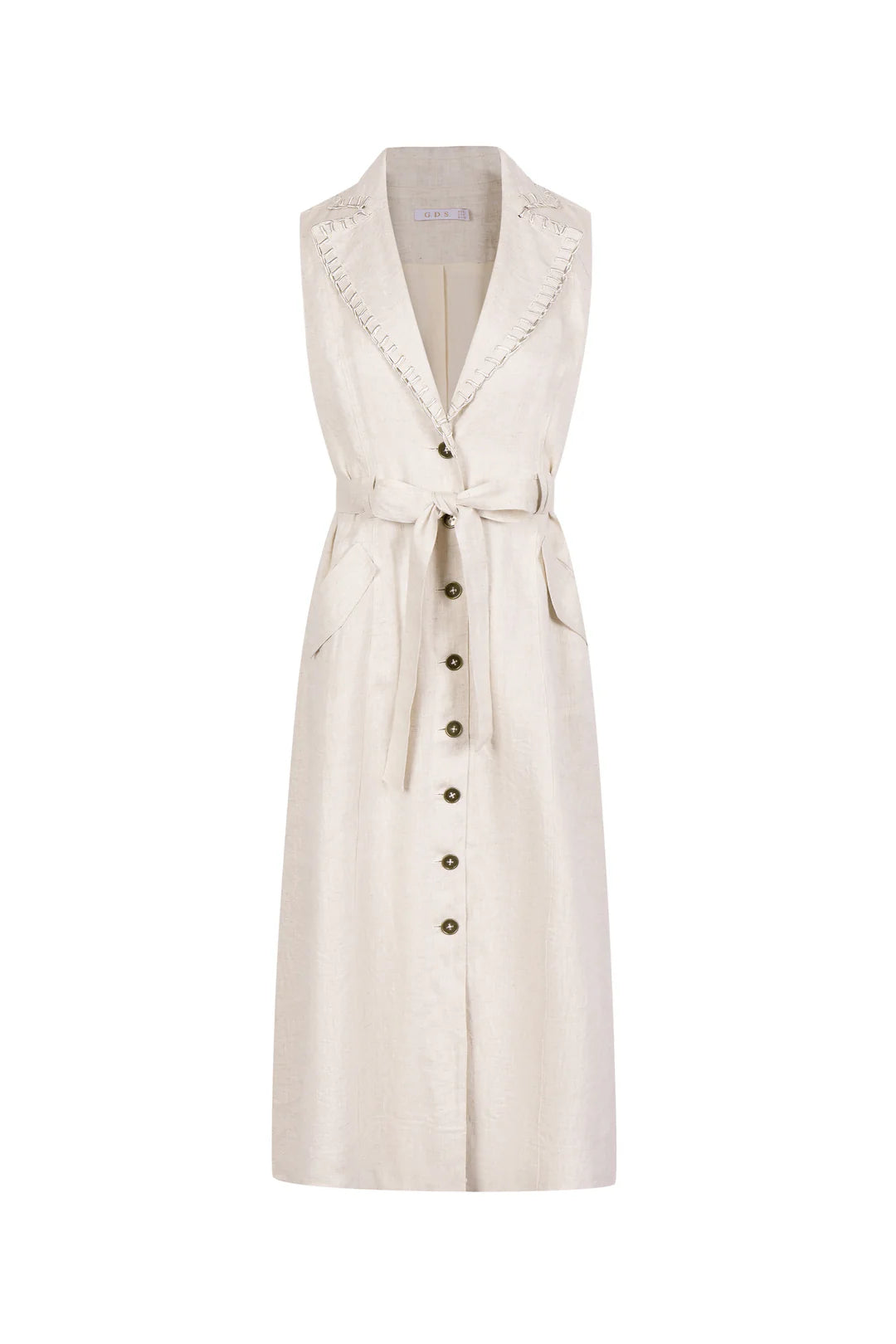 “Beige sleeveless long dress with button-down front and waist belt on a hanger against a light gray background.”