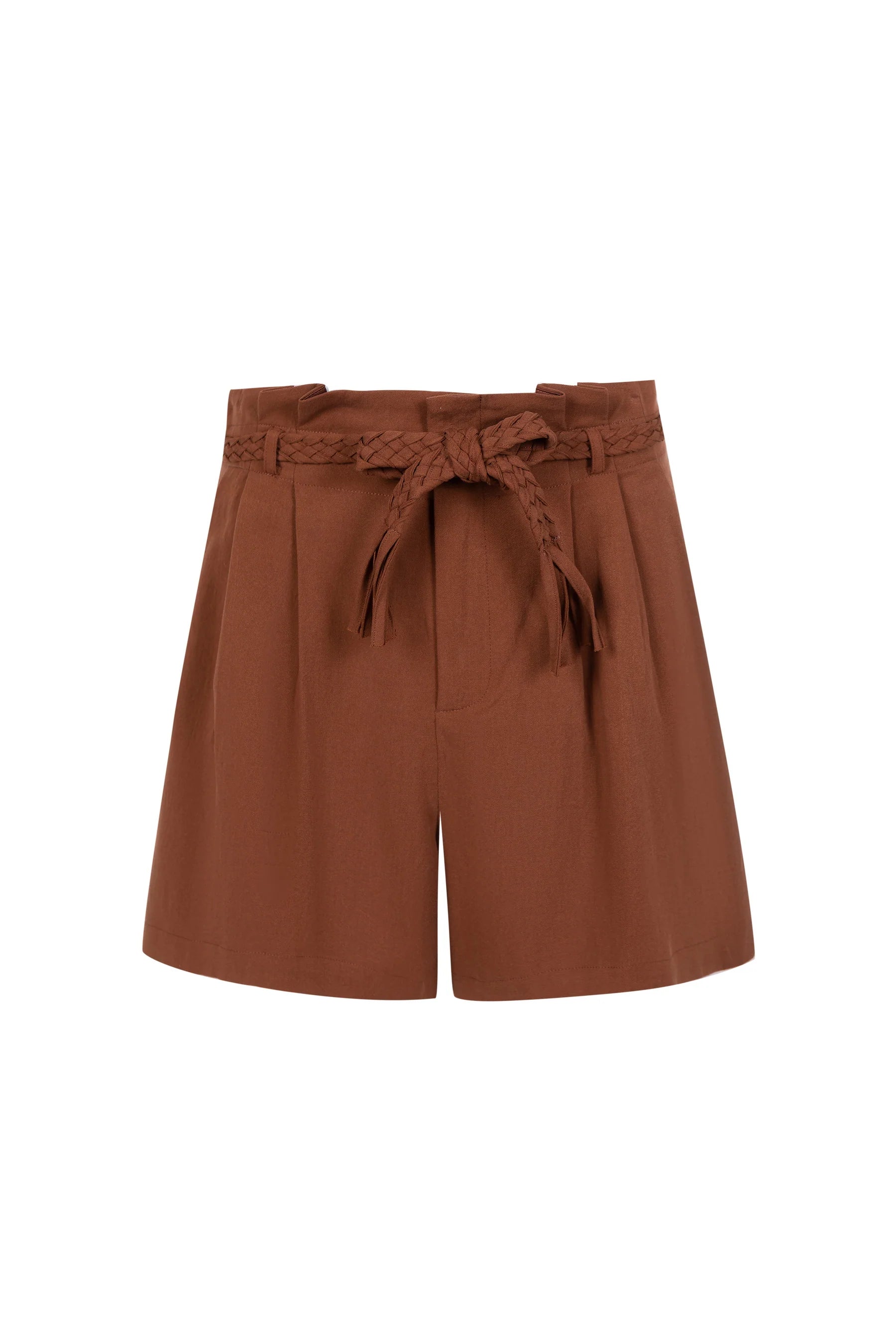 Brown high-waisted shorts with pleated front and self-tie belt on a white background.