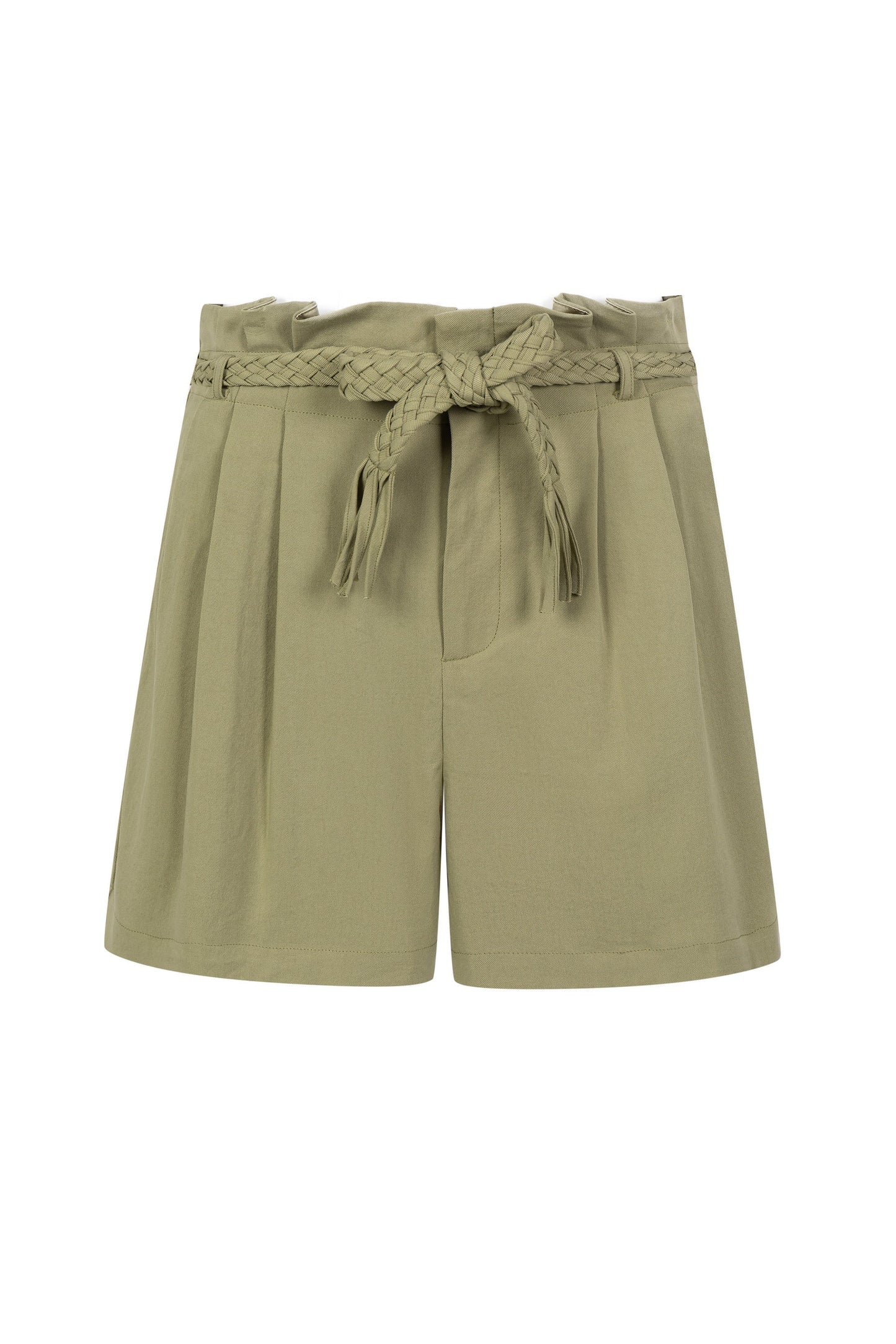 “Olive green high-waist shorts with a braided tie belt displayed on a white background.”