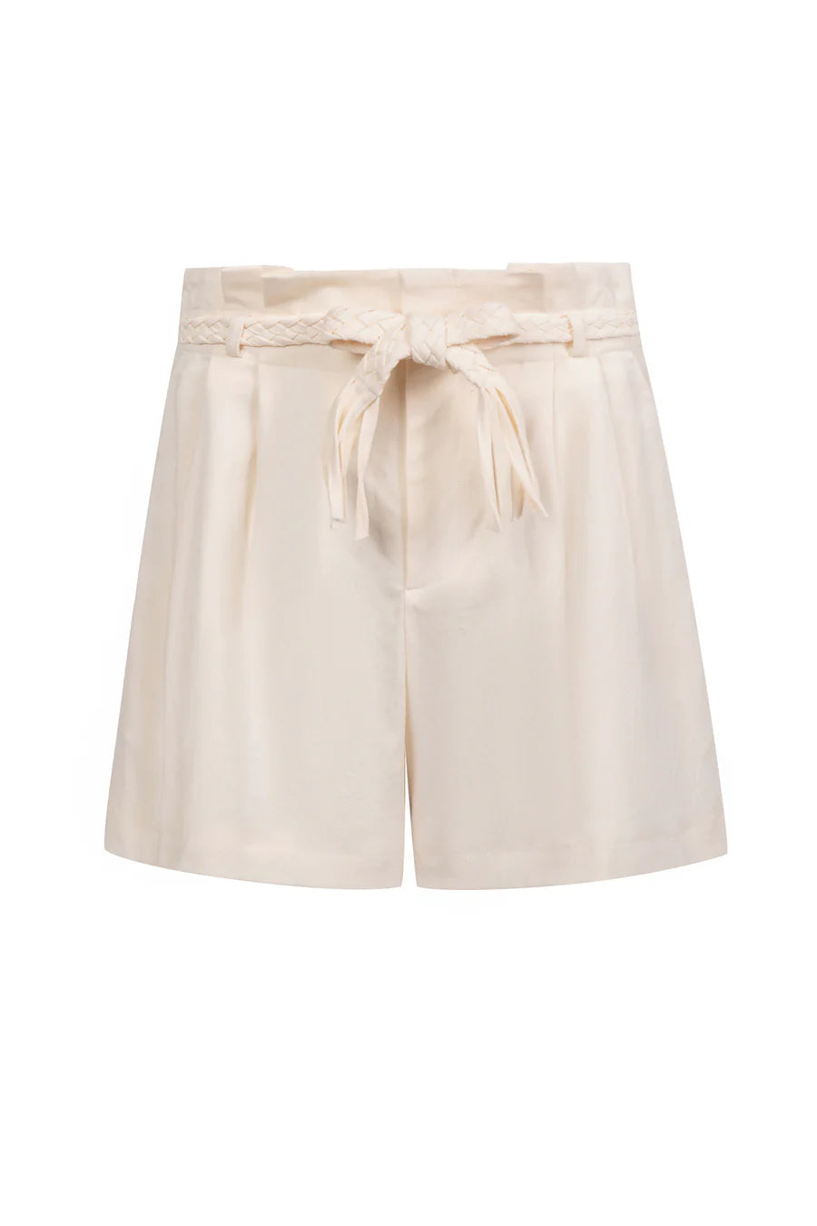 Beige high-rise shorts with a braided self-tie belt displayed against a white background.