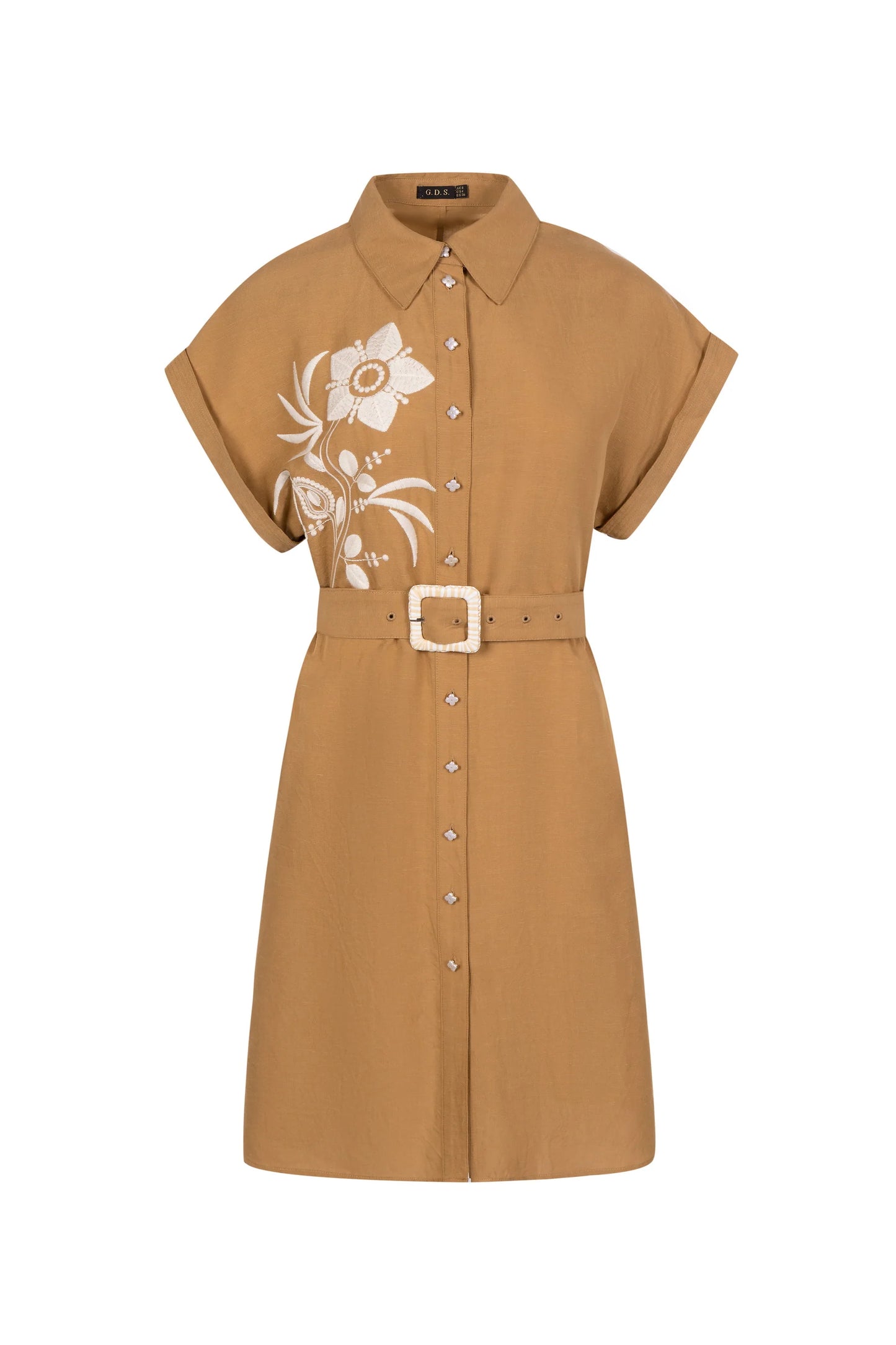 "Brown short-sleeve A-line shirt dress with white floral embroidery and a matching belt, front view on white background."